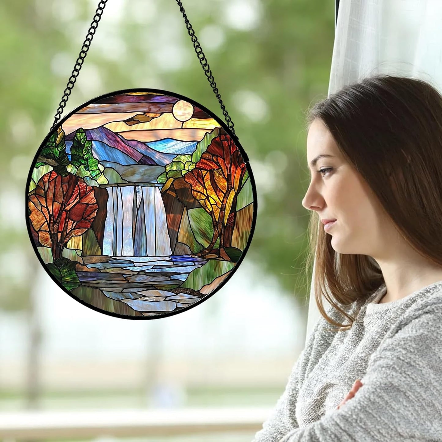 Stained Glass Window Hanging, Abstract Landscape Waterfall Mountains Trees Suncatcher for Doors Window Home Sun Catchers Decor Mother's Day Birthday Gifts for Women Men Mom 11.8 in