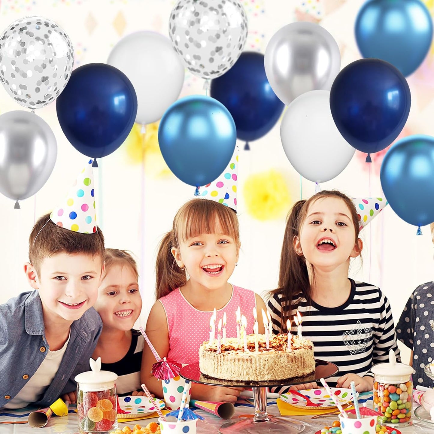 Navy Blue & Silver Balloons - 60pc Metallic & Latex Mix, 12" White Balloons with Silver Confetti for Birthday, Baby Shower, Graduation & Wedding Parties