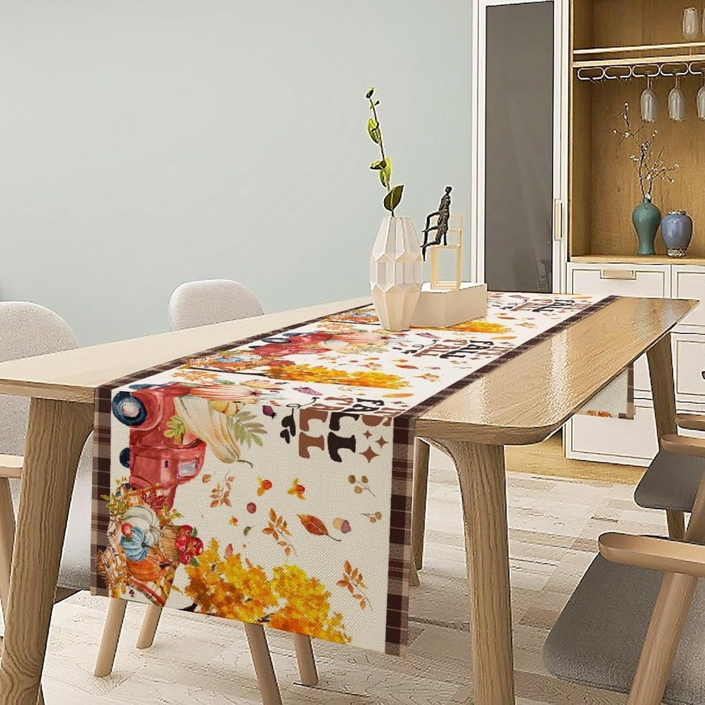 Fall Pumpkin Table Runner,Rustic Maple Yellow Leaf Trees Truncks Brown Plaid Tablecloth Burlap for Hotel Indoors Outdoor Dining Room Kitchen Home Decor,W13X L70 in