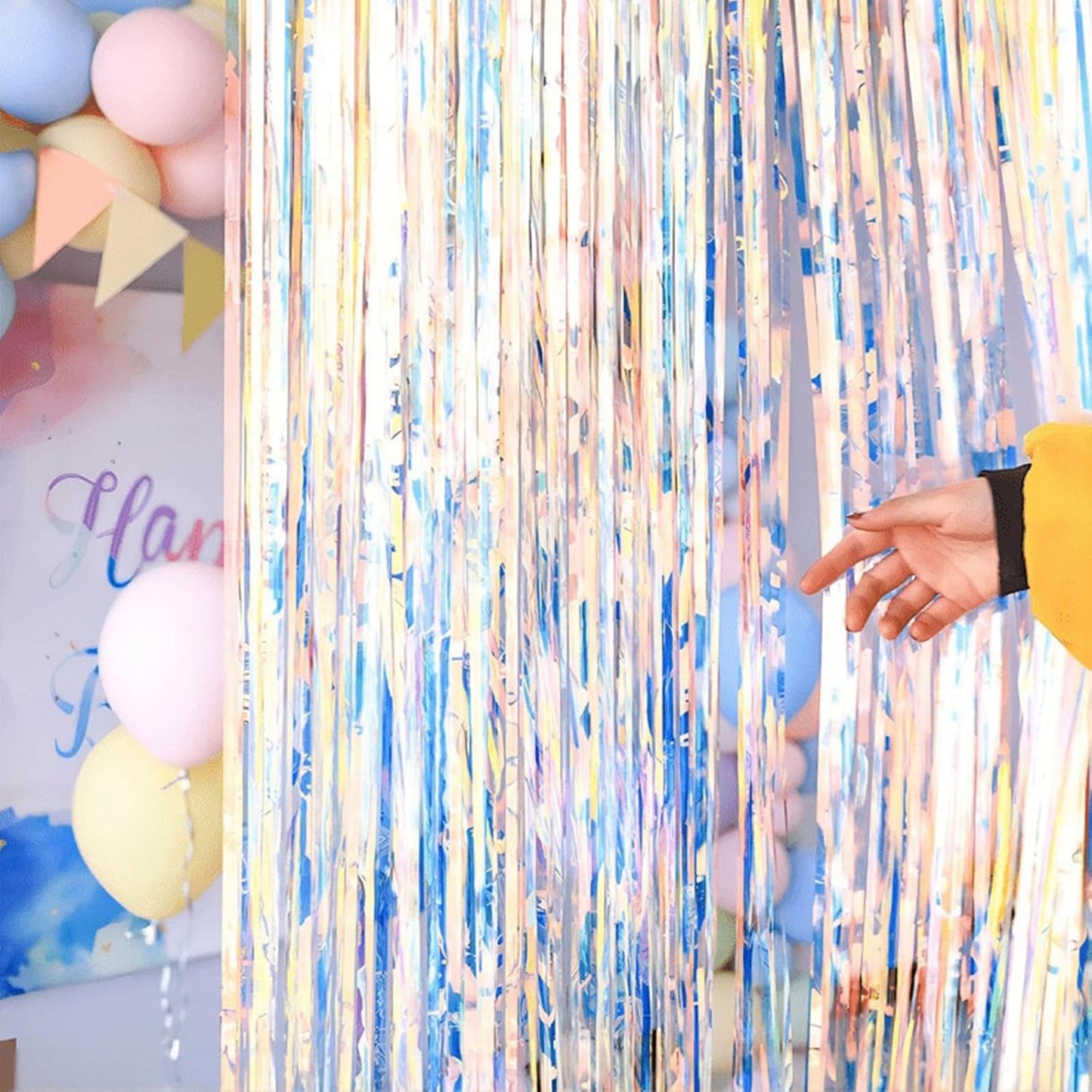 CANREVEL 2 Pack 3.2x6.5 Feet Iridescent Foil Fringe Backdrop Curtains, Neon Transparent Holographic Tinsel Streamers Party Decorations for Mermaid/Frozen/Sea/Euphoria/ERAS Party