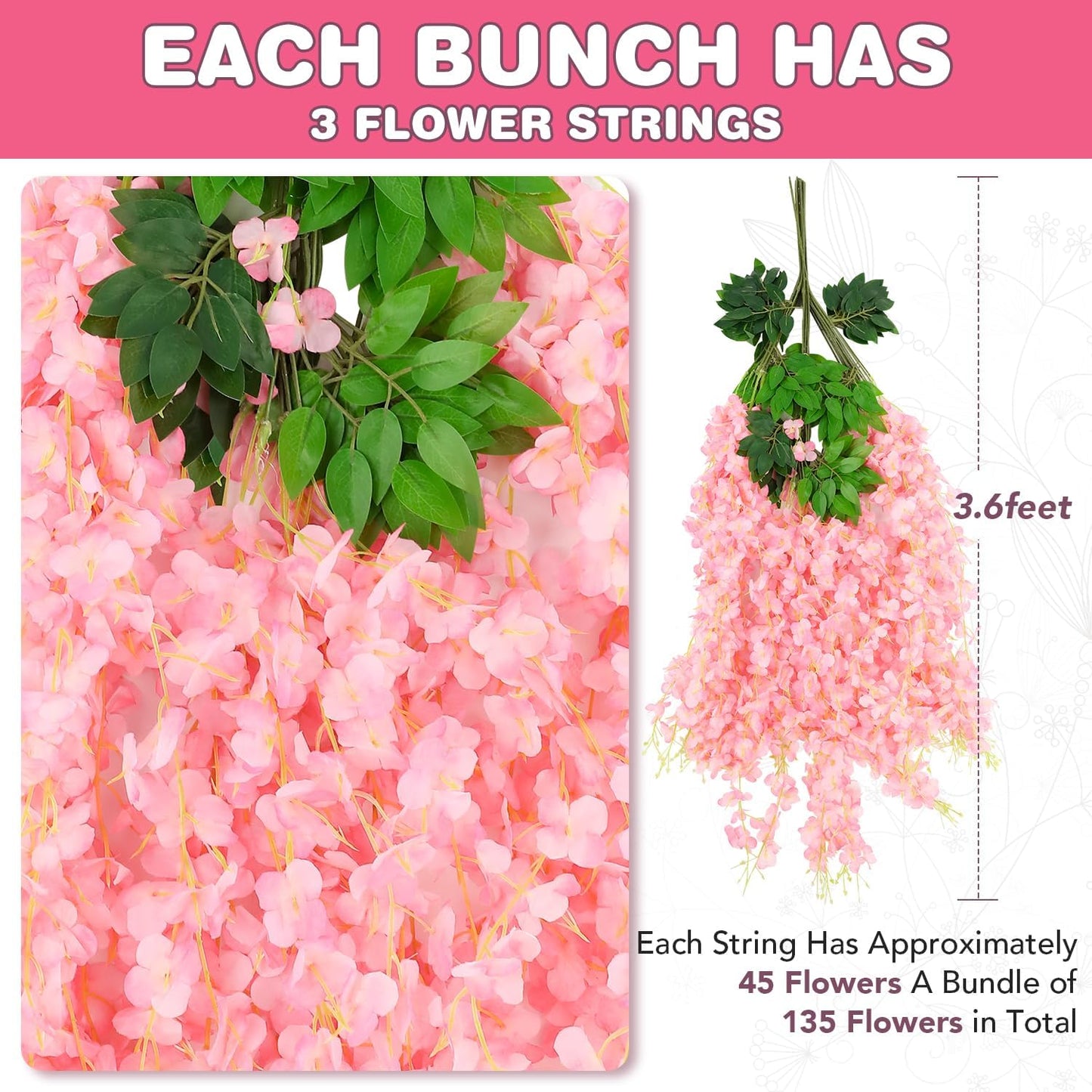 Wisteria Hanging Flowers,Fake Hanging Flowers,Wisteria artificiales Garland for Home Wedding Arch Floral Party Garden Ceremony Outdoor Decor,3.6 feet Long(108,Pink)