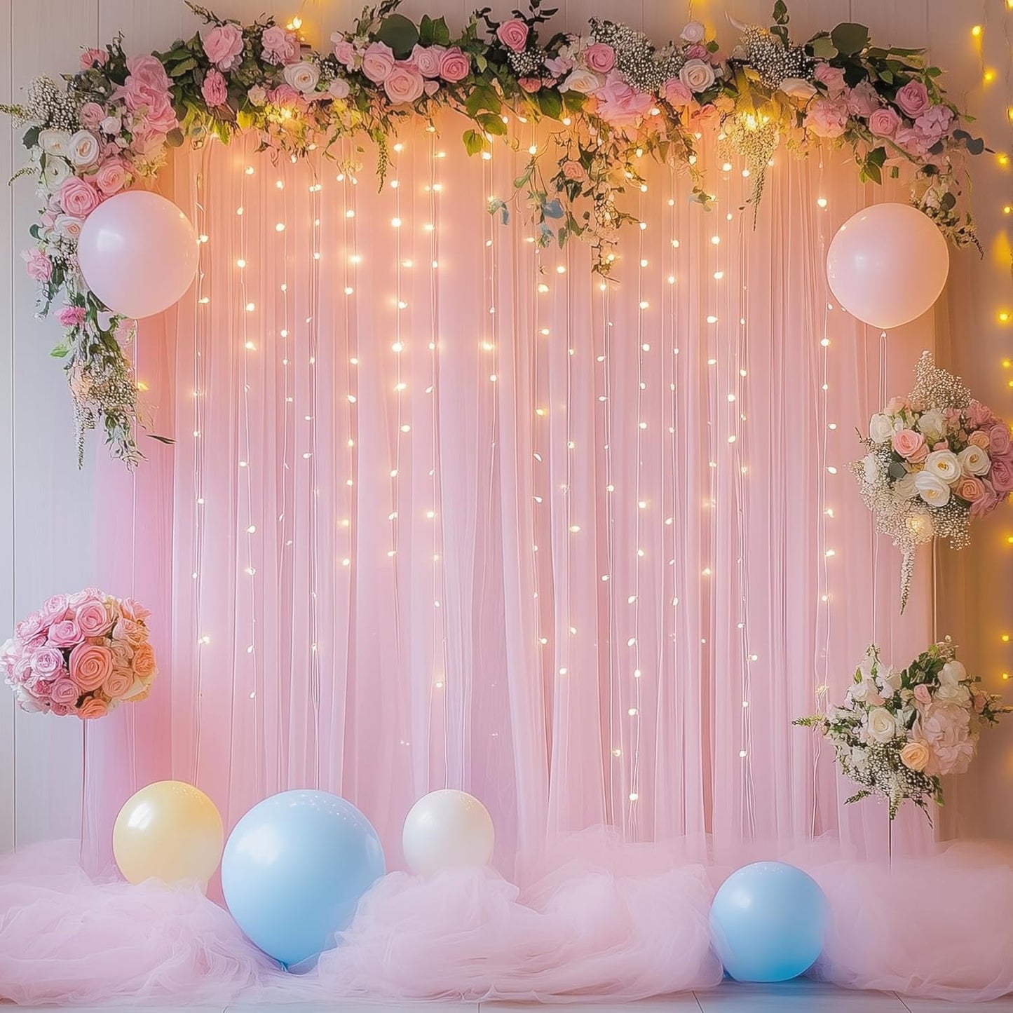 Tulle Backdrop Curtain with Lights String 10FT X 8FT Pink Sheer Tulle Backdrop Curtains for Wedding Birthday Party Reception Photo Booth Background Decorations (2 Panels 5x8FT)