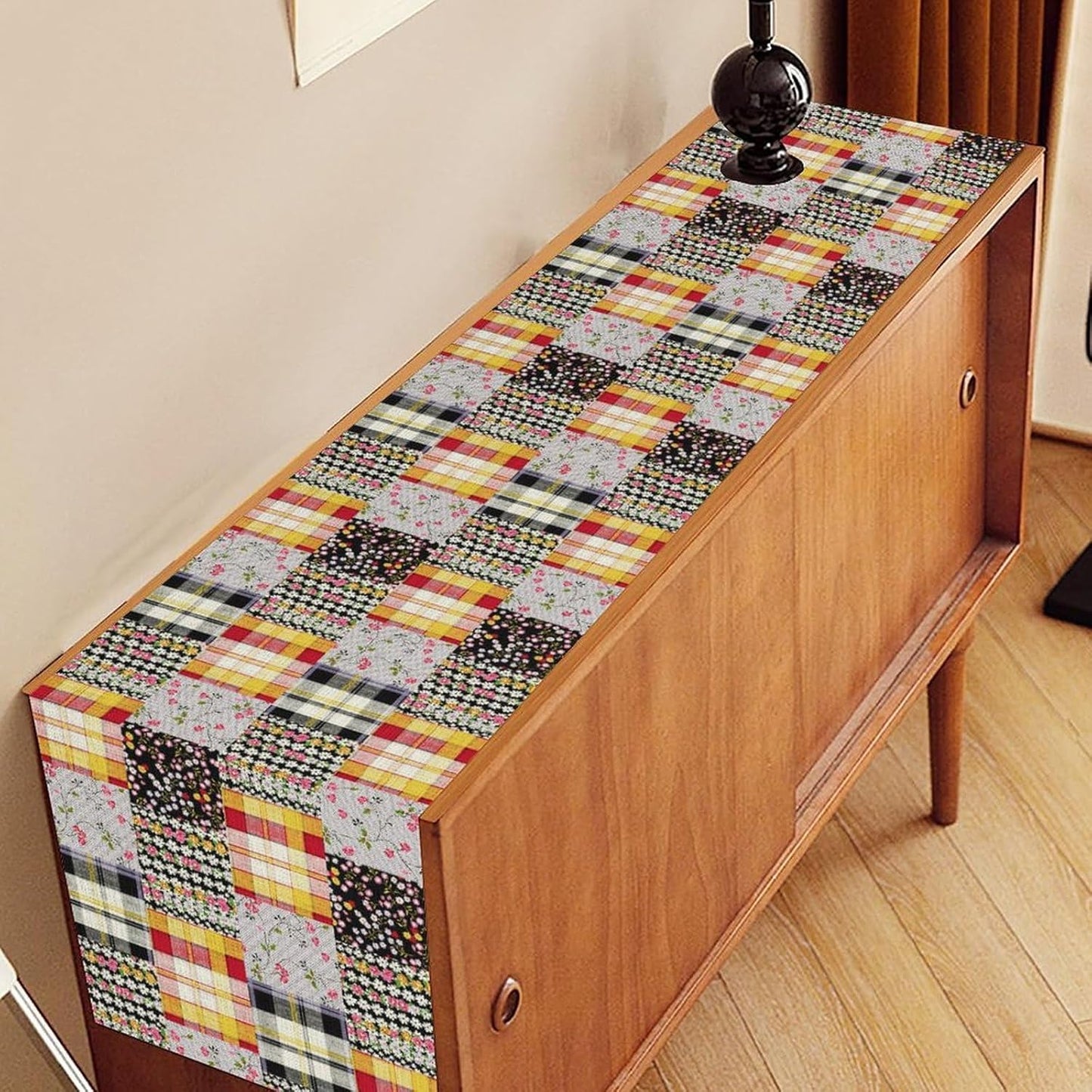 Patchwork Table Runner, Boho Vintage Floral Checkered Plaid Bohemian Paisley Flower Farmhouse Table Center Decor for Home Kitchen Dining Patio Holiday Party Indoor Table Decorations, 13"x72" Inch