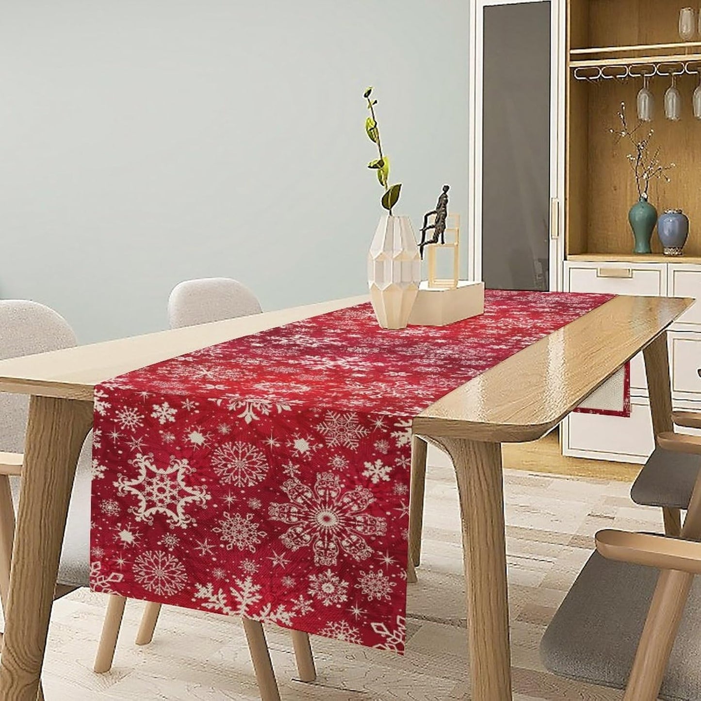 Snowflakes Christmas Table Runner, Winter Holiday Red Table Cloth Kitchen Dining Table Decoration for Home Party Decor 13x70 Inch
