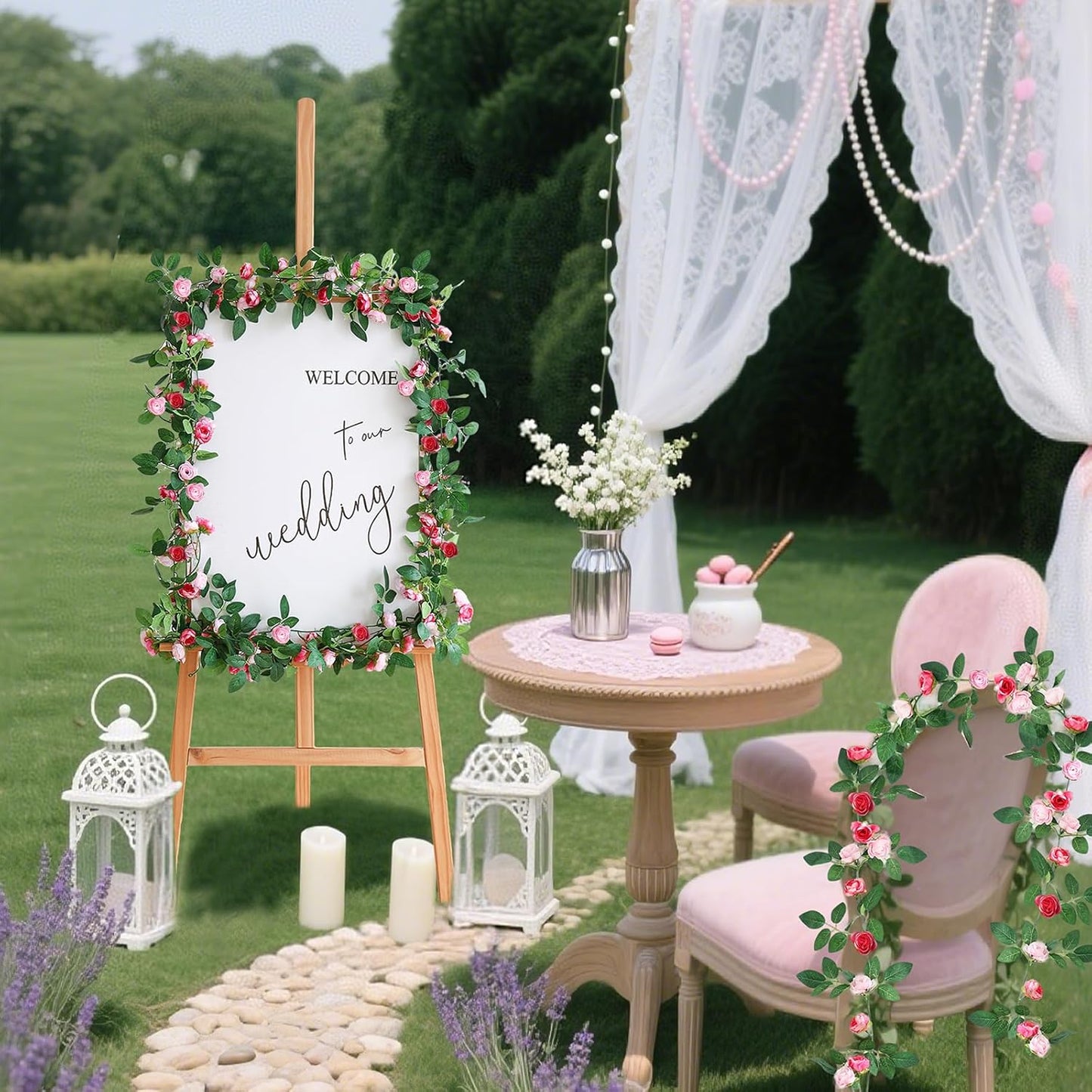 4 Packs Artificial Rose Garland: 31.48Ft Each Fake Flower Vine with Improved Color & 10 Ties for Wedding Arch Backdrop, Home Wall Party Decor, Christmas Decor, Pink