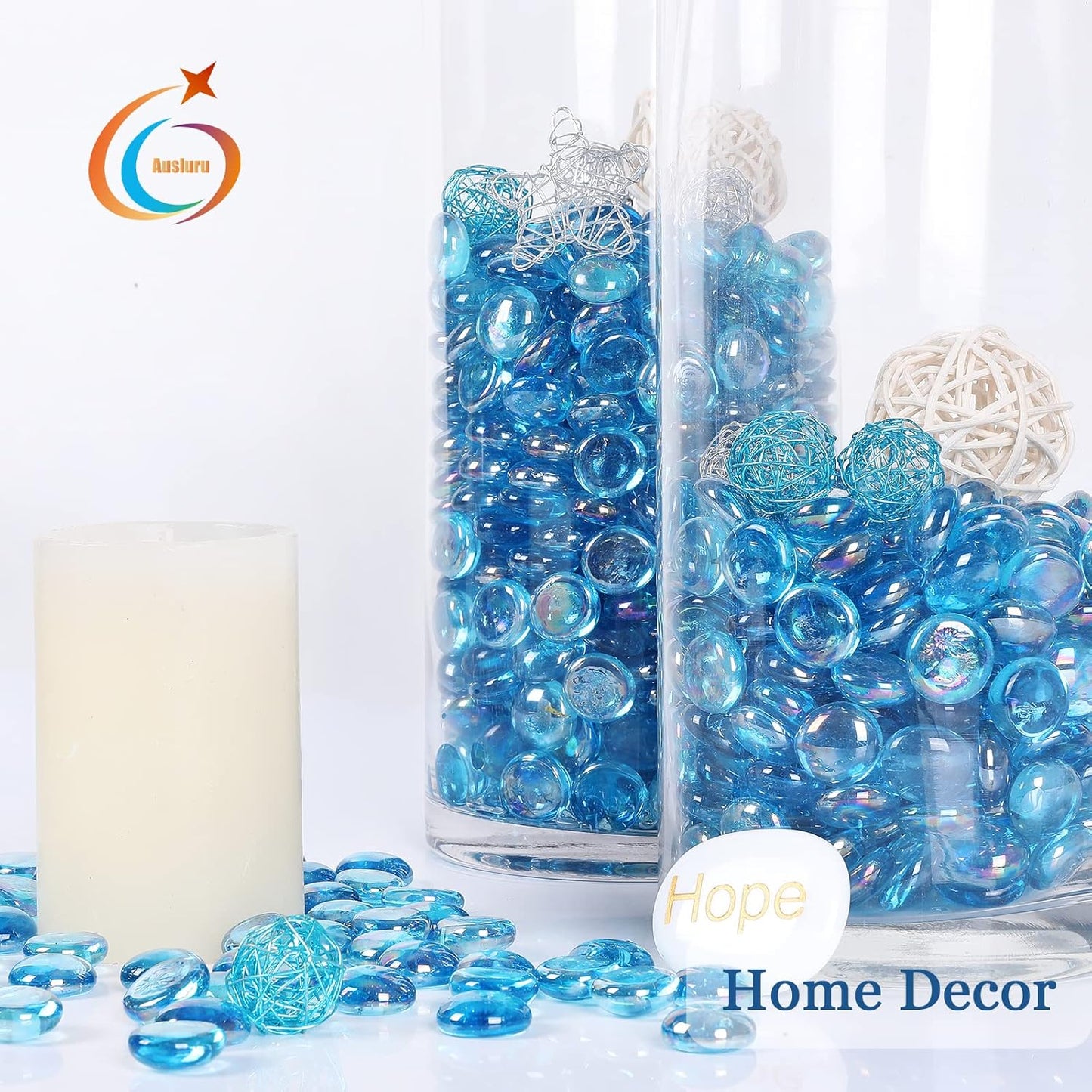 5LB Fire Glass Beads Flat Glass Marbles for Outdoor Fire Pit and Fireplace, Glass Gemstones for Vase Filler, Aquariums, Hydroponics Plants, Home Decor and Christmas DIY Craft, Turquoise