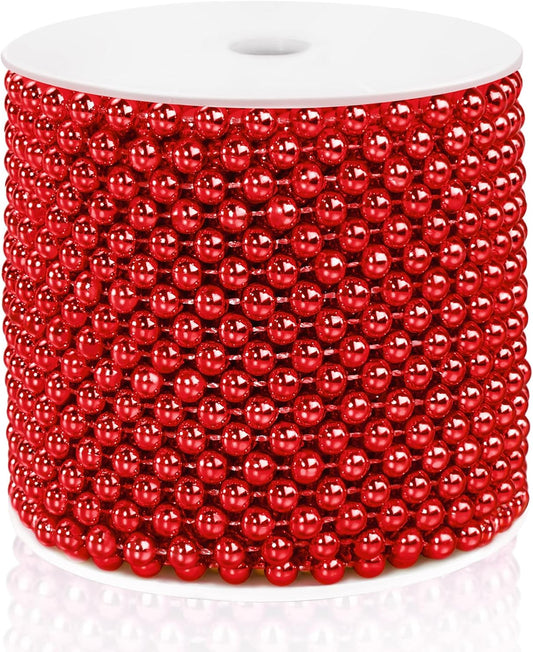 Craft String Pearls 6MM Pearl Bead, 66 Feet Red Faux Pearl Garland Spool Roll Strand Wedding Party Decoration, Christmas Tree Decorations