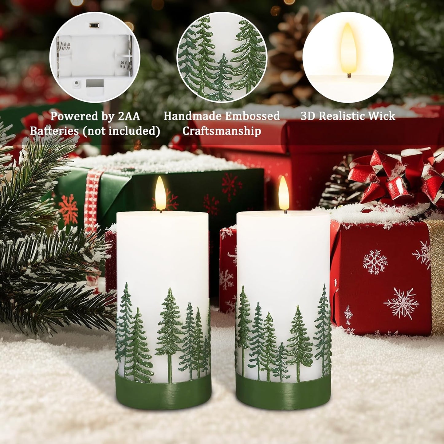 Silverstro Holiday Flameless Candles Green Hand Drawn Christmas Tree Design with Remote Control, Flickering Real Wax Christmas LED Candles - Home Party Bathroom Room Xmas Decorations - Set of 2