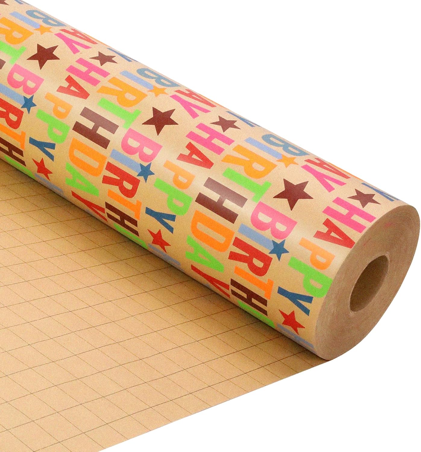 LaRibbons Birthday Wrapping Paper Jumbo 24 Inch x 417 Feet(834 sq. ft. ttl.) Half Ream Kraft Gift Wrap Paper with Colorful Text Happy Birthday Pattern for Baby Shower Holiday Party