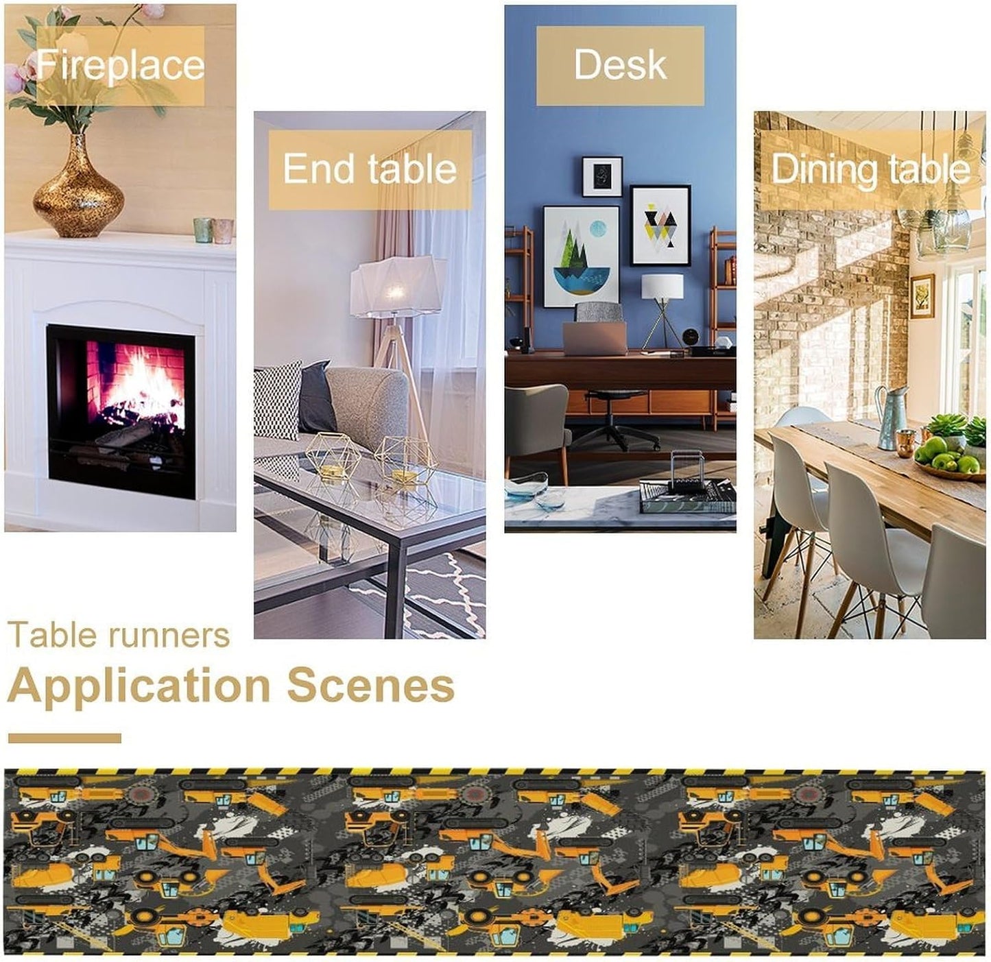 Cartoon Car Table Runner,Boy Kids Construction Yellow Tractor Excavator Tablecloth Burlap for Hotel Indoors Outdoor Dining Room Kitchen Home Decor,W13X L108 in