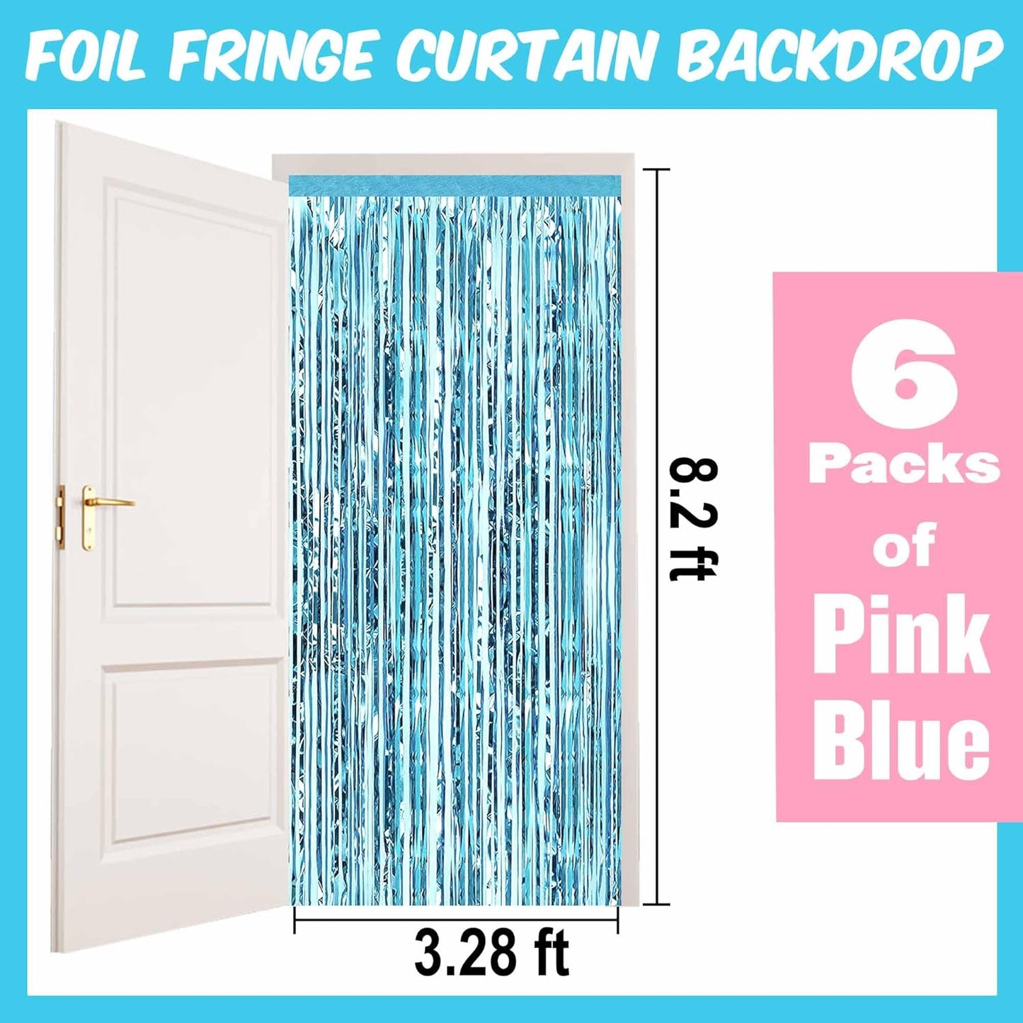6 Pack Pink Blue Foil Fringe Curtains Backdrop, 3.28 x 8.2 Ft Metallic Streamers Tinsel Curtains Background for Photo Booth, Birthday, Weddings, Carnivals, Graduation, Themed Party Decorations