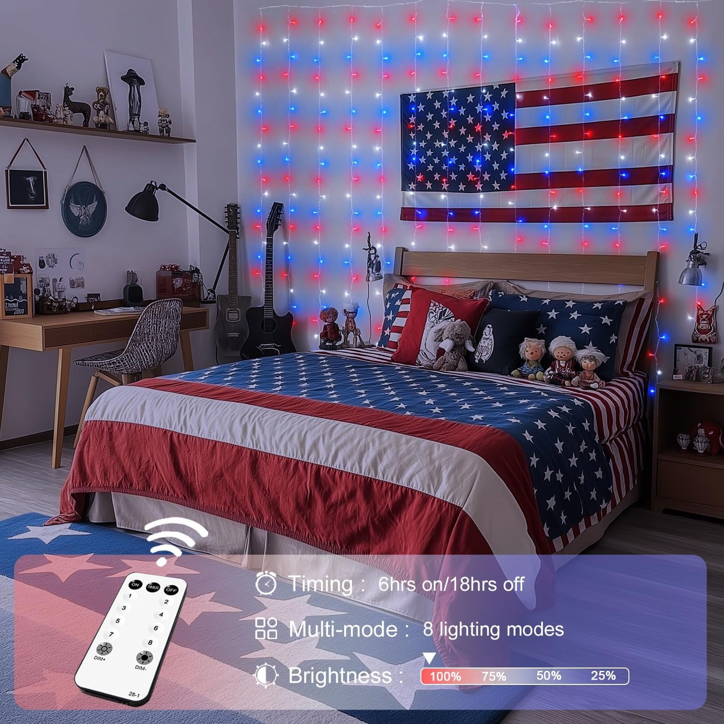 JMEXSUSS 300LED Red White and Blue Lights with Remote, 4th of July Lights Plug in, Patriots Curtain Hanging String Lights for Bedroom Wall Window Backdrop Indoor Outdoor 4th of July Decor, 9.8x9.8ft