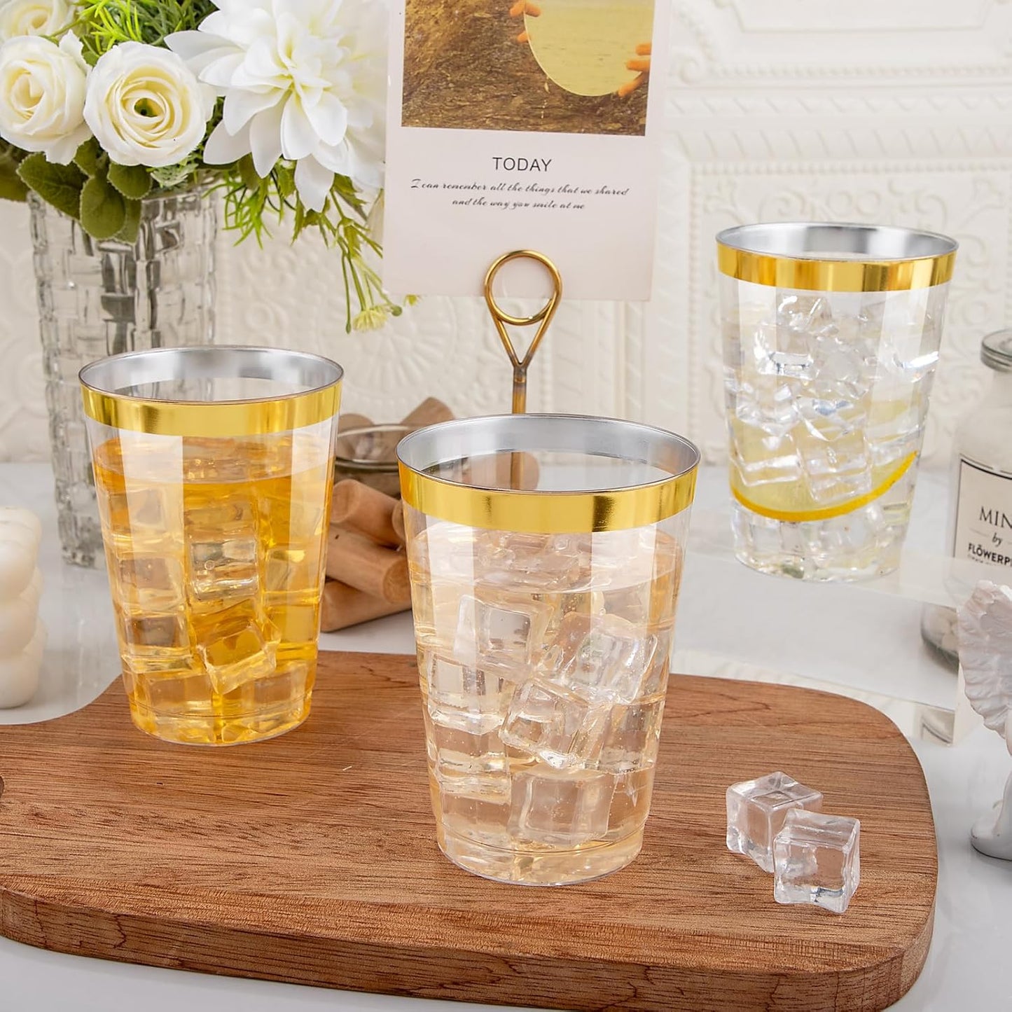 I00000 200 Pack 12 oz Gold Plastic Cups, Clear Disposable Cups, Disposable Plastic Wine Glasses Cocktail Glasses Premium Cups with Gold Rim, 12 Ounce Tumblers for Party & Wedding