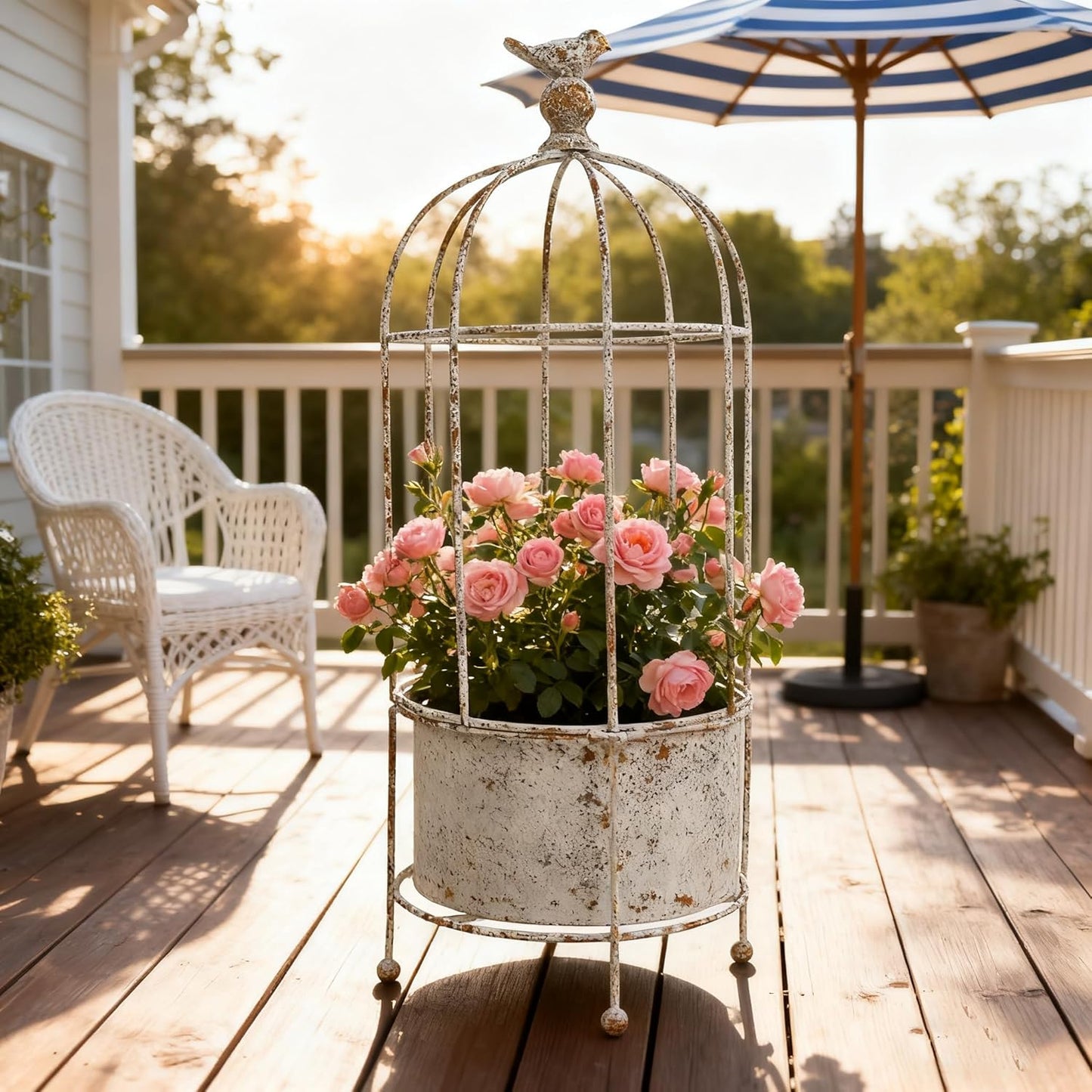 Vintage Rustic Birdcage Planter Stand, Farmhouse Distressed Decorative Metal Round Plants Holder, Outdoor Garden Flower Pot for Climbing Plants, Home Patio Yard Balconies Decor