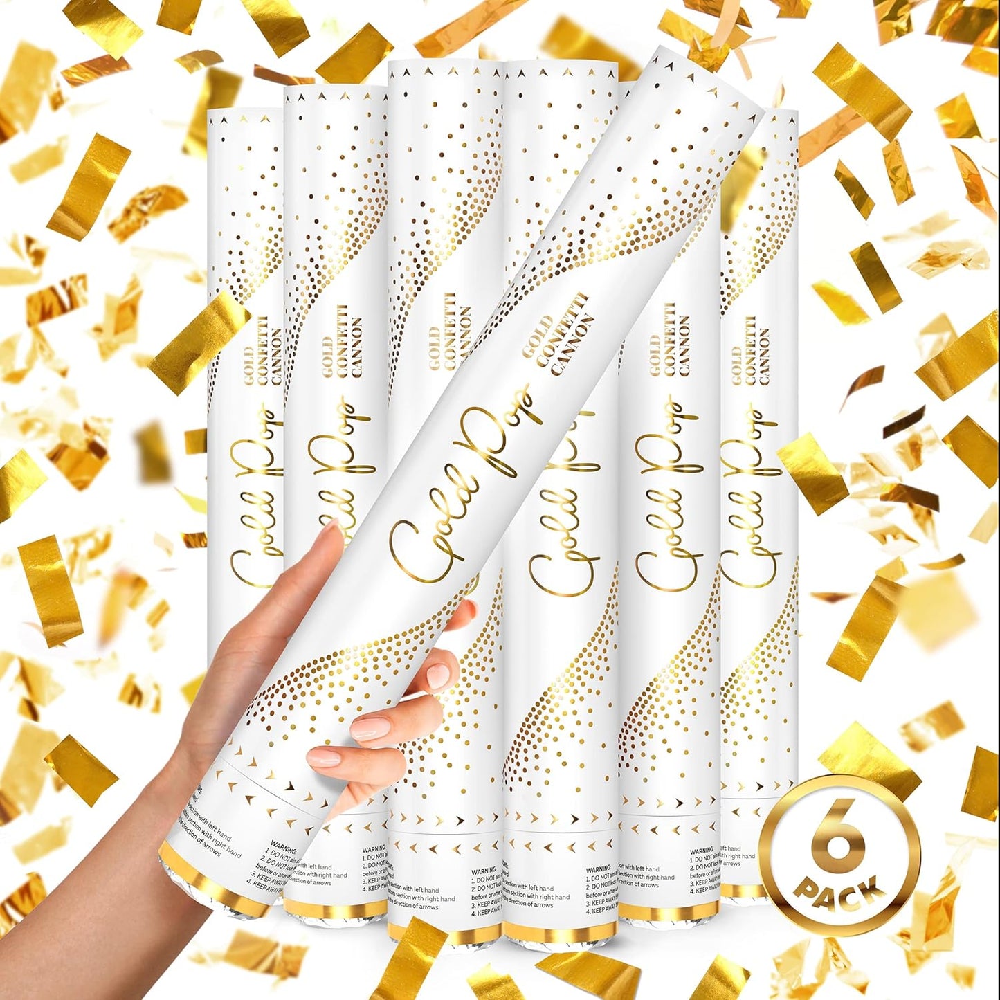 16" GOLD Confetti Poppers [6 Pack] BIODEGRADABLE GOLD Confetti Cannon, Rose Gold Compressed Air Party Poppers, Loud Pop, For Wedding Send Off, Wedding Supplies, Decorations