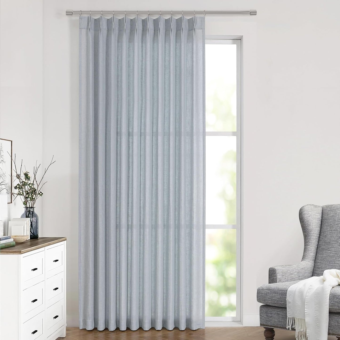 Vision Home Blue Grey Pinch Pleated Semi Sheer Curtains Textured Linen Blended Light Filtering Window Curtains 108 inch for Living Room Bedroom Patio Pinch Pleat Drapes with Hooks 9FT 60" Wx108 Lx1
