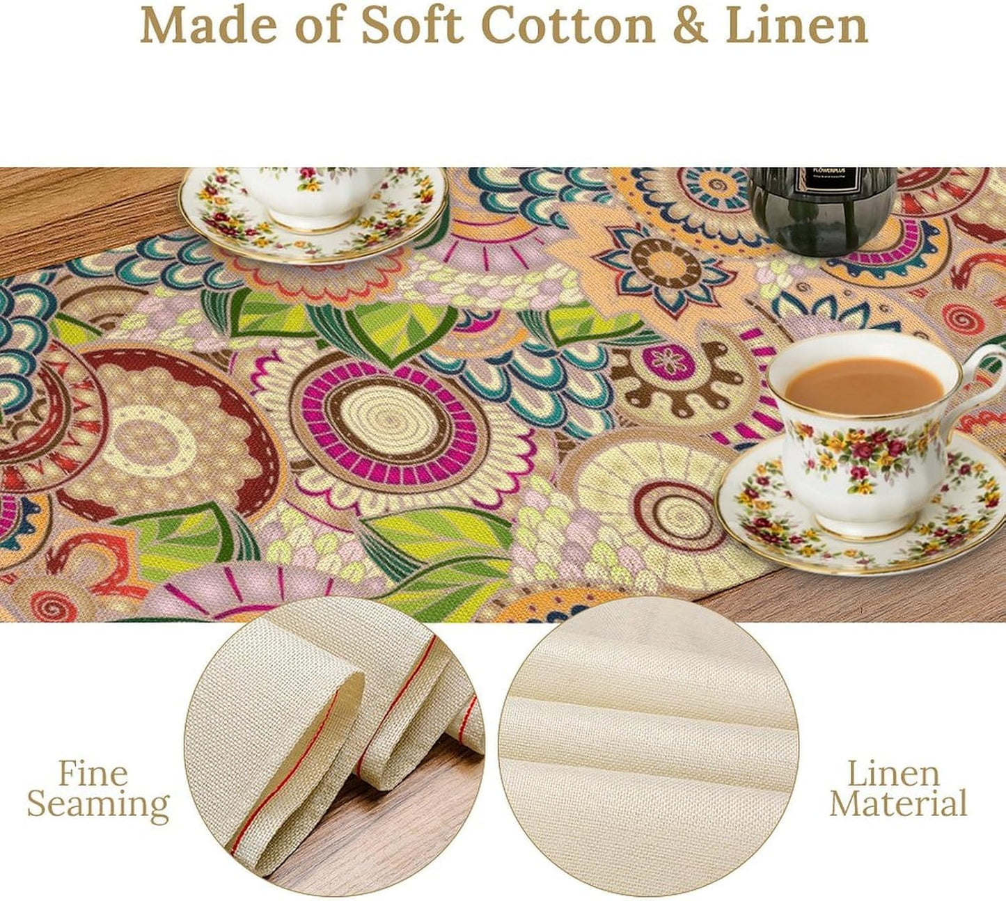 Boho Floral Table Runner,Retro Bohemian Flower Table Runner for Kitchen Dining Table Home Party Decoration 13x36 Inch