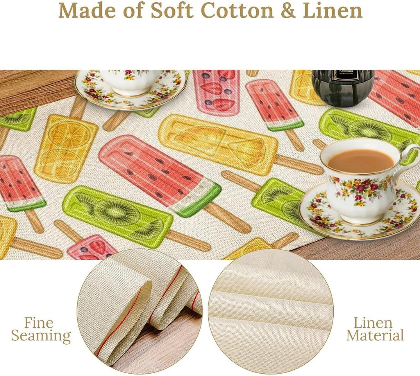 Ce Cream Table Runner, Cold Fruity Popsicles Summer Sweet Seasonal Dinner Runner for Party Holiday Home Kitchen Dining Table Decor 13"x60"