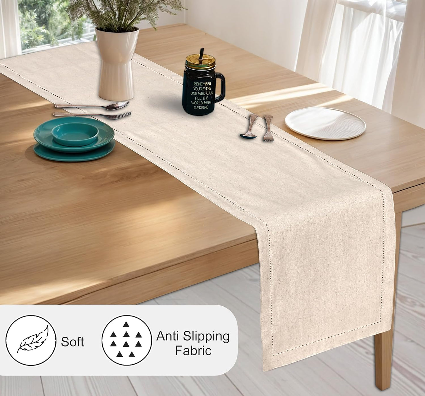 Ruvanti Linen Table Runner 72 Inches, Classic Hemstitch, Washable, Reusable, Non-Slipping, Stain Resistant- Perfect for Parties, Weddings, Dinners, Thanksgiving, Christmas, Indoor use – Natural