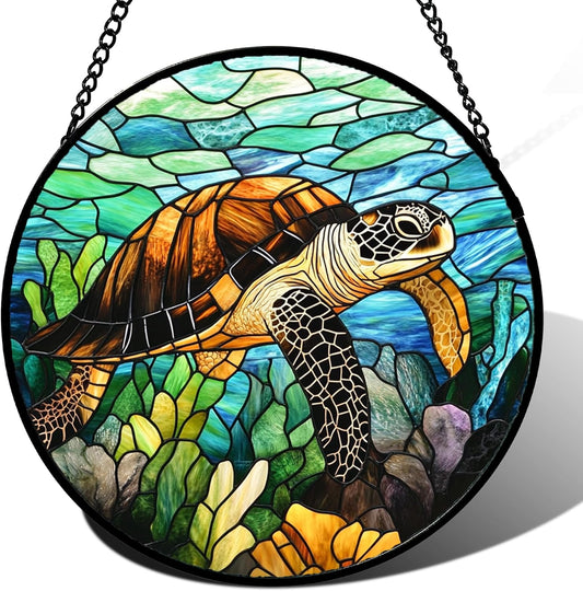 Stained Glass Window Hanging - Cute Sea Turtle Suncatcher for Door Garden Yard Blue Ocean Sun Catchers Decor Christmas Mother's Day Birthday Children's Gifts for Women Mom Nana Friend 7.8 in