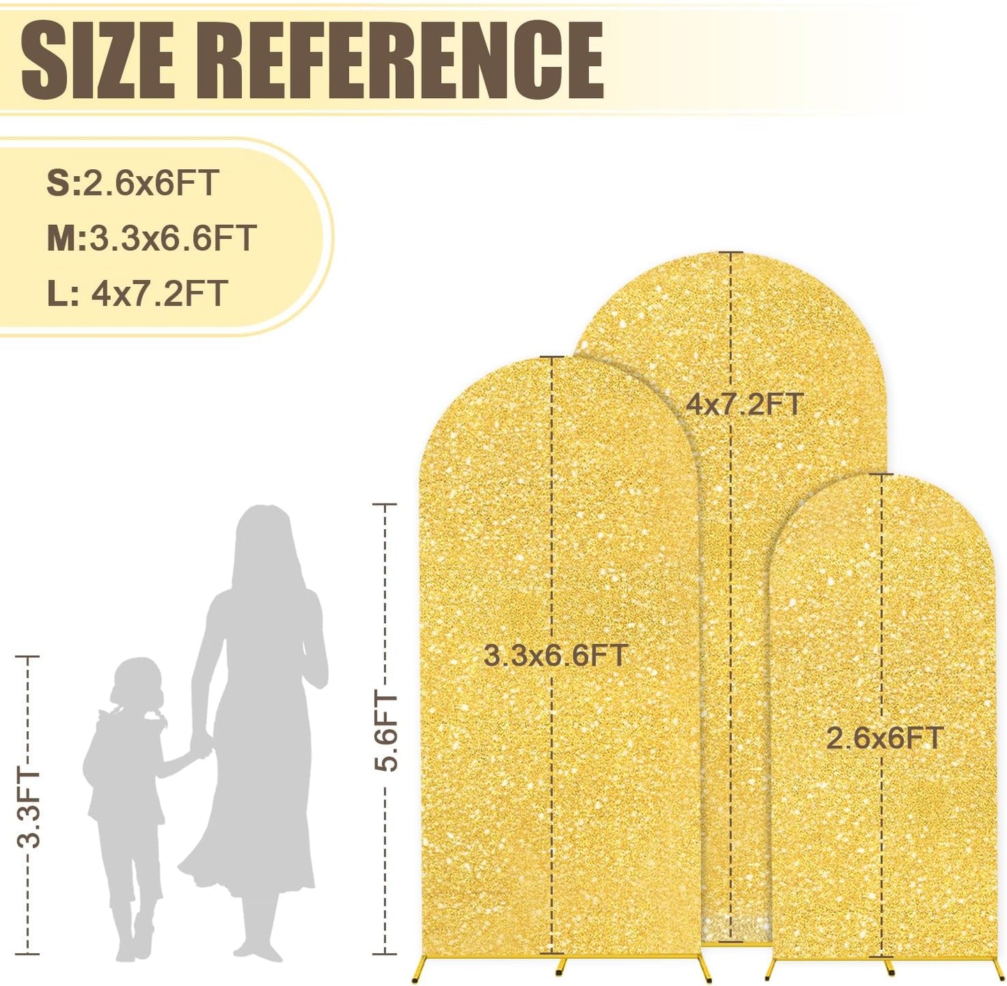 MODFUNS Metal Arch Backdorp Stand and Cover Set 6&6.6&7.2ft Gold Sequins Arch Backdrop Cover Set of 3 Golden Arched Backdrop Stand Wedding Arch Frame for Birthday Party Banquet Decoration