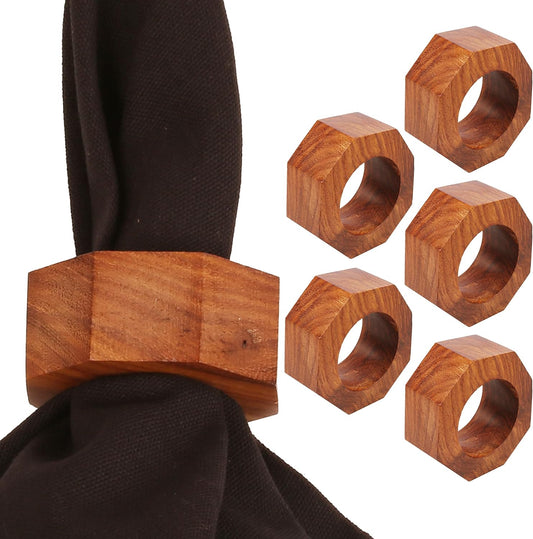 Finely Handcrafted Natural Wood Geometric Pentagon Shape Large Size Party Dining Table Napkin Holders in Natural Tone. (Set of 6).