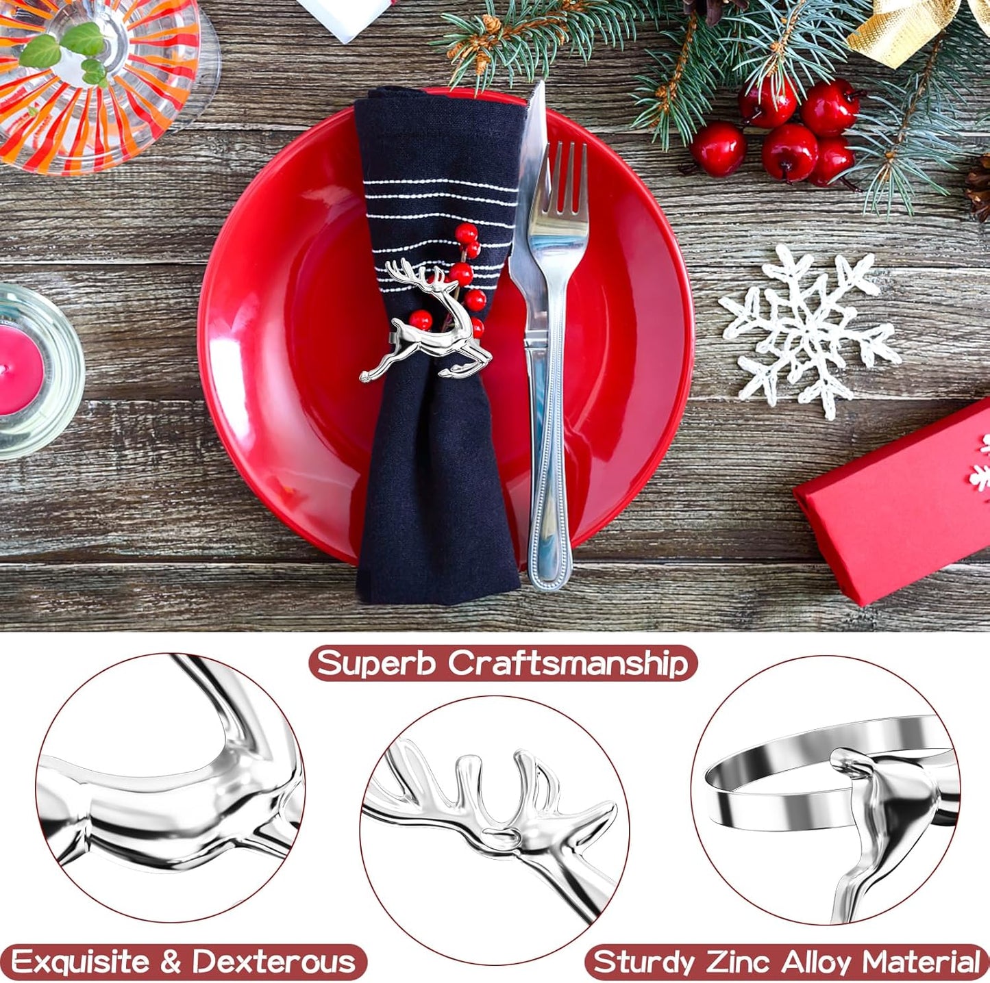ZeeDix Silver Reindeer Christmas Napkin Rings Set of 12, Napkin Holder Ring for Christmas Dinner Table Decor Cloth Napkins, Wedding Receptions, Holiday Party, Banquet and Home Kitchen