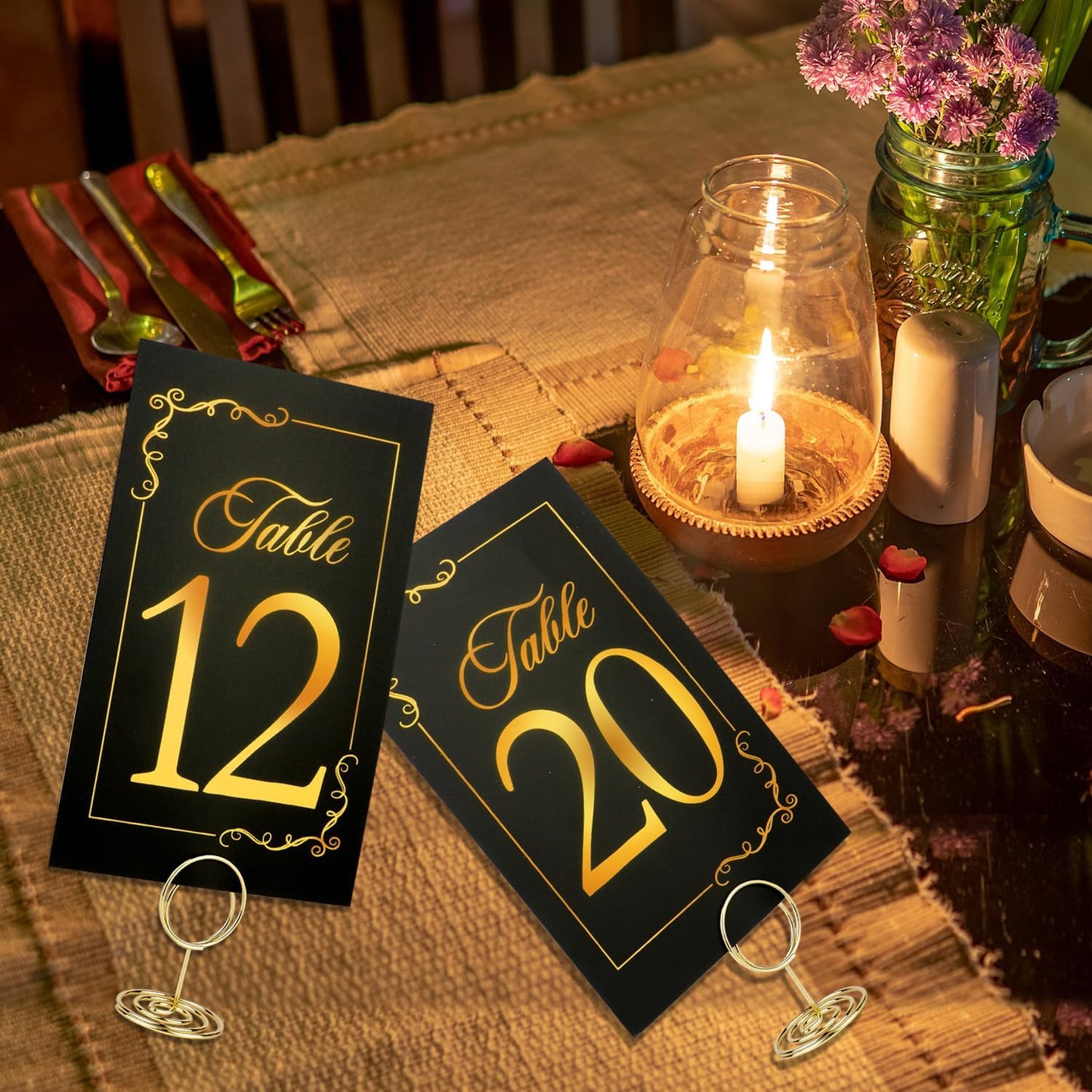 Black Gold Wedding Table Numbers 1-20 With 21 Gold Holders - Set of 21 Table Cards for Wedding Reception