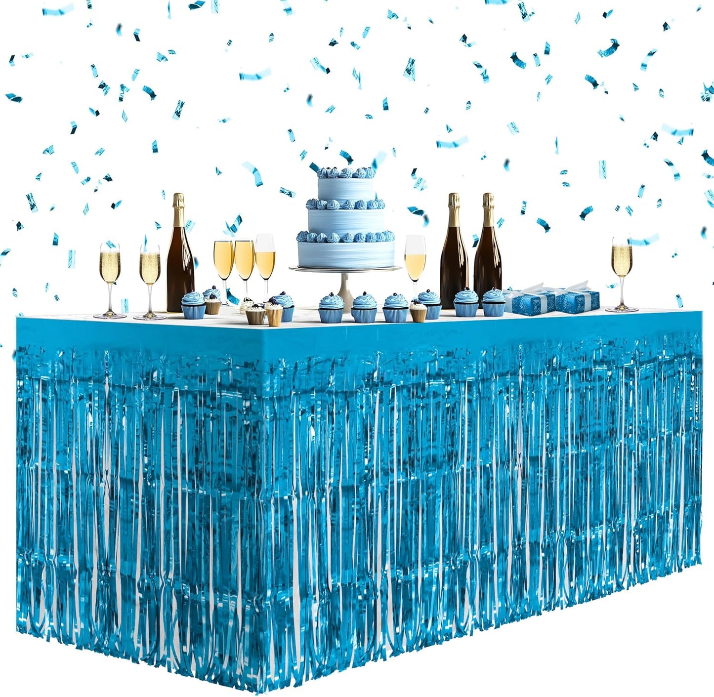 4 Pack Lake Blue Table Skirts, 29x108" Metallic Foil Tinsel Fringe Table Skirts for Rectangle Tables Streamer Curtains Backdrop, Party Decorations for Birthdays Weddings Holidays