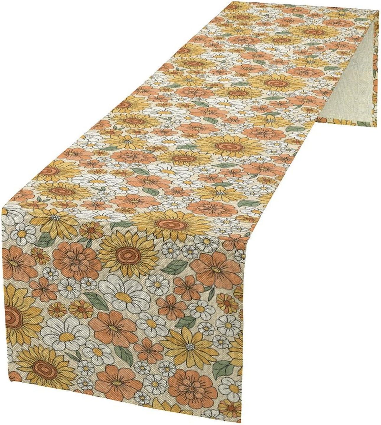 Vintage Floral Table Runner,Boho 70s Style Retro Daisies Flower Table Runner for Kitchen Dining Table Home Party Decoration 13x108 Inch