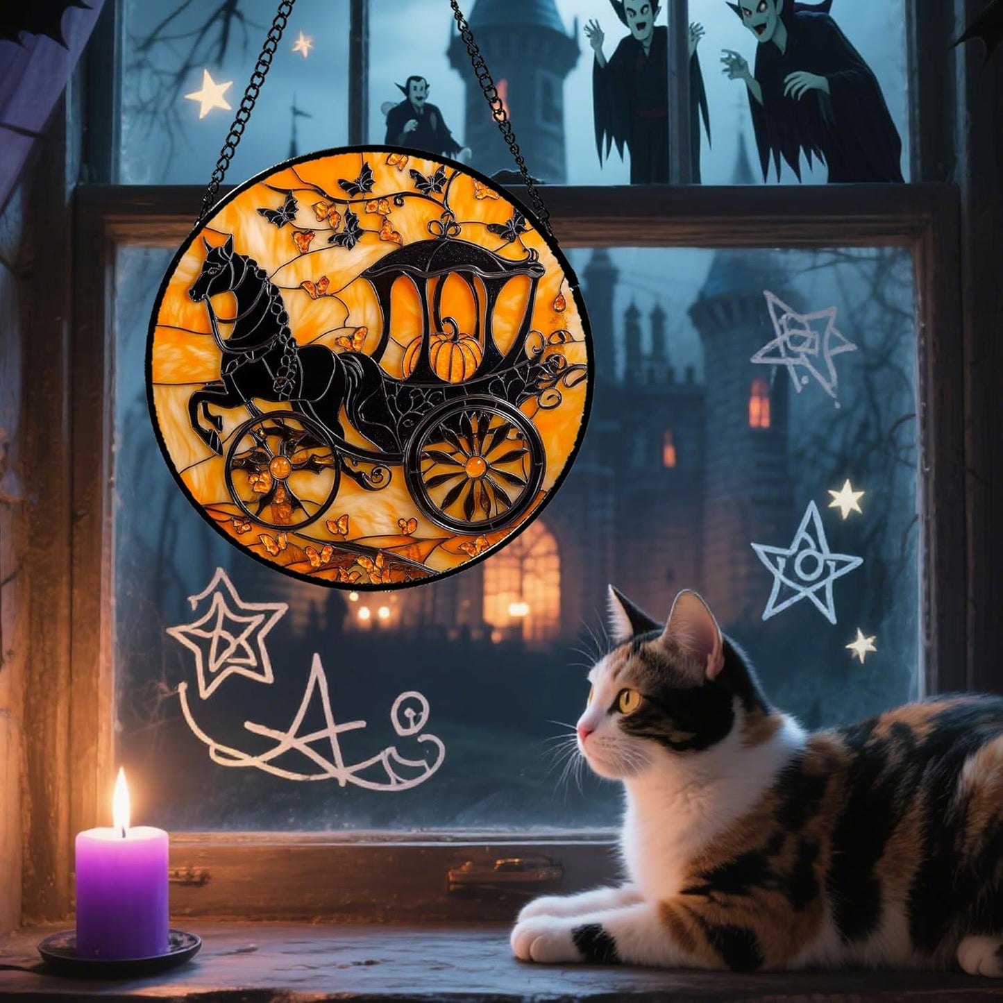 Stained Glass Window Hanging - Halloween Pumpkin Carriage Suncatcher for Doors Window Garden Indoor Spooky Funny Orange Sun Catchers Gothic Decor Horror Gifts for Women Men Friend 9.8 in
