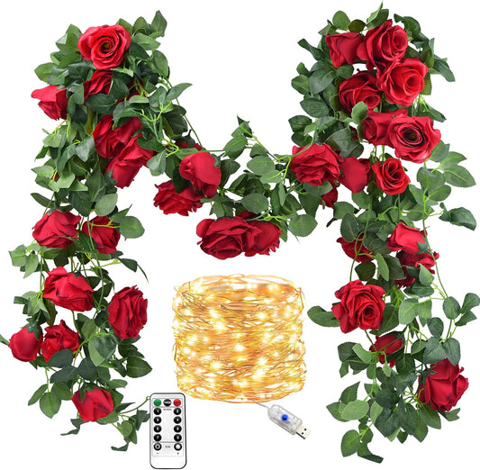FiveSeasonStuff 29 Ft 4 Pack Christmas Red Rose Silk Flower Garland Artificial Flowers Decoration Hanging Floral with 66 feet String Lights