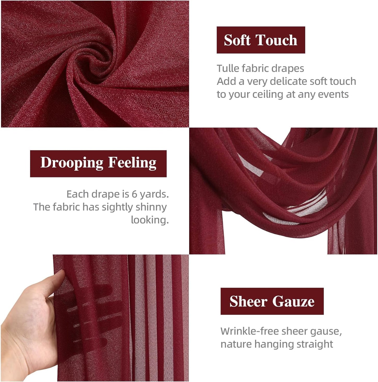 PARTISKY Wedding Arch Draping Fabric, 2 Panels Burgundy Sheer Backdrop Curtain Tulle Fabric Drapery for Arbor Wedding Archway Ceremony Party Ceiling Decor Backdrop