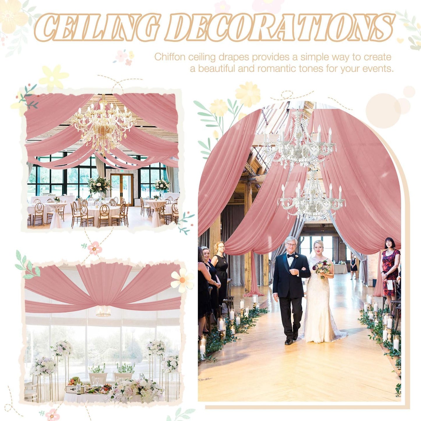 FUHSY Wedding Ceiling Drapes Sheer Fabric for Draping 2 Panels 5x20 FT Dusty Rose Backdrop Curtains for Party Wedding Arch Draping Fabric Chiffon Ceiling Curtains for Outdoor Wedding Ceremony