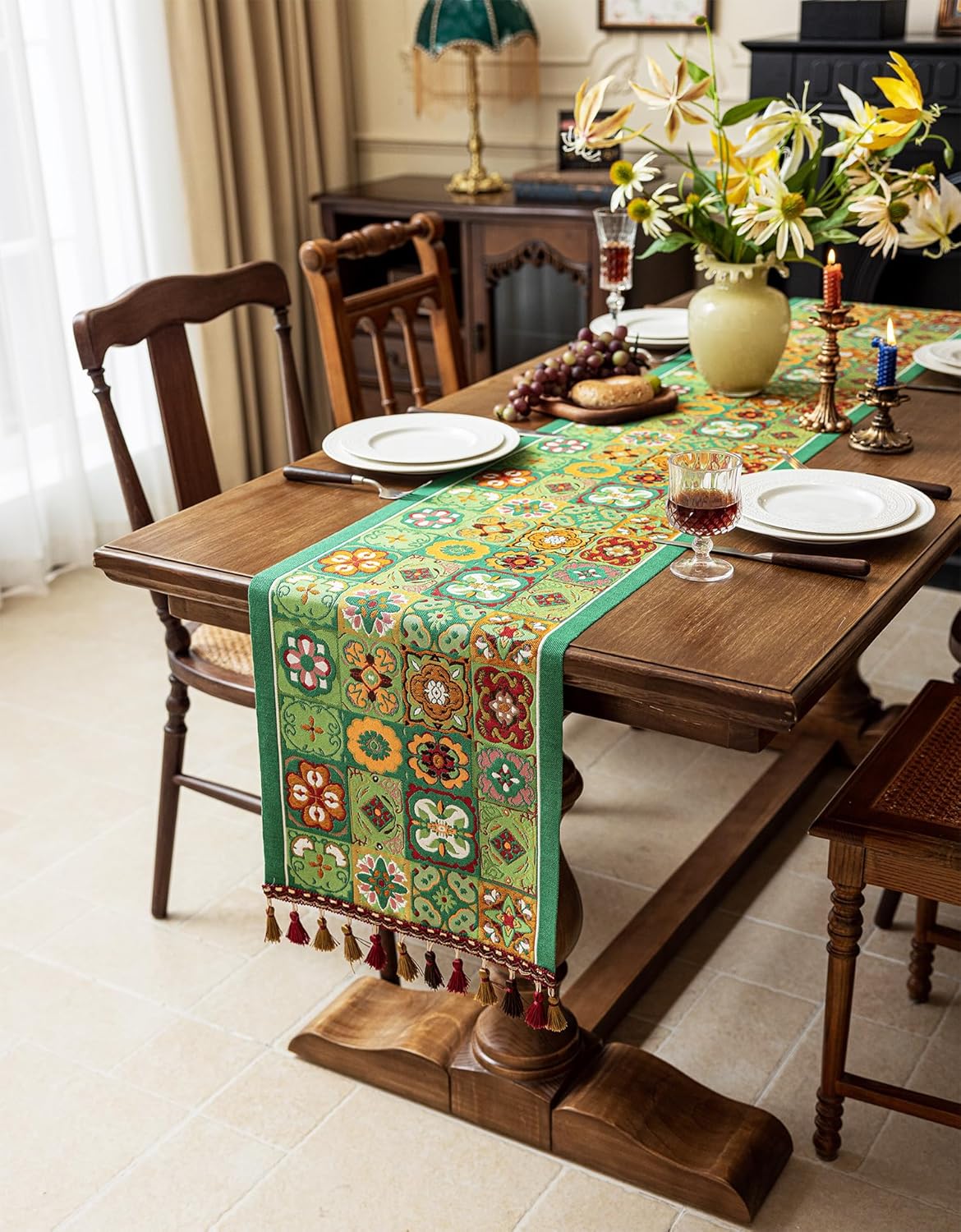 13×72 Inch Table Runner, Retro-Luxury Tassels Series for Kitchen Dining Table Holiday Decoration (Ethnic Green)