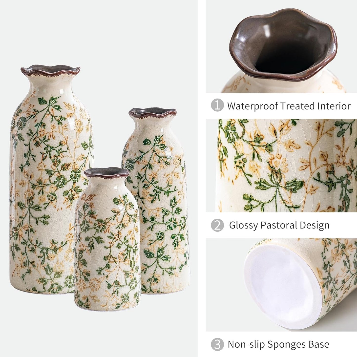 Ceramic Vase Set of 3, Vintage Green and Beige Vases Set, Flower Rustic Chinoiserie Vases Floral Grand Millennial Farmhouse Decor Vase for Home Decor, Living Room, Kitchen, Bedroom, Bookshelf