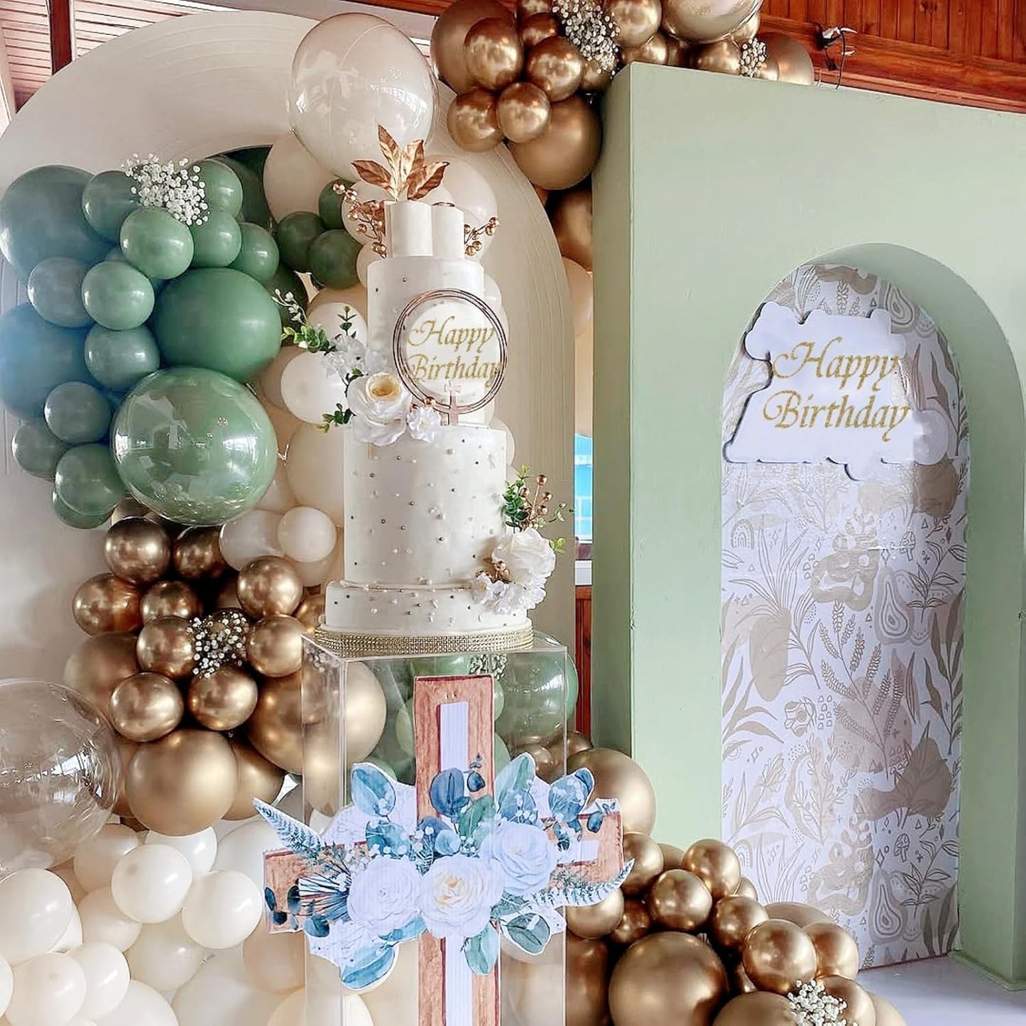 Dusty Green White Gold Balloons, 50pcs Sage Olive Green Metallic Champagne Gold White Latex Balloons for Wedding Engagement Birthday Baby Shower Eucalyptus Party Decoration Supplies