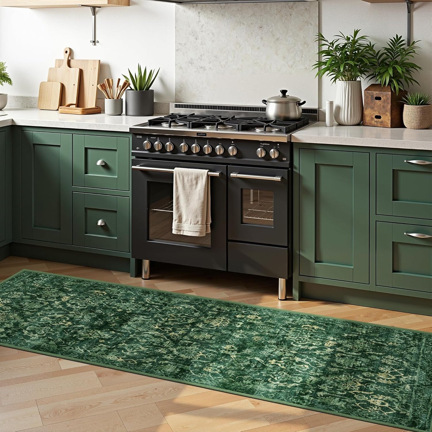 Dark Green 3x7 Runner Rug for Hallways Bed Side Kitchen, Boho Washable Distressed Low-Pile Floor Entryway Long Bathroom Mat, Non-Slip Laundry Room Washstand Front Carpet Green 36x84 Inch