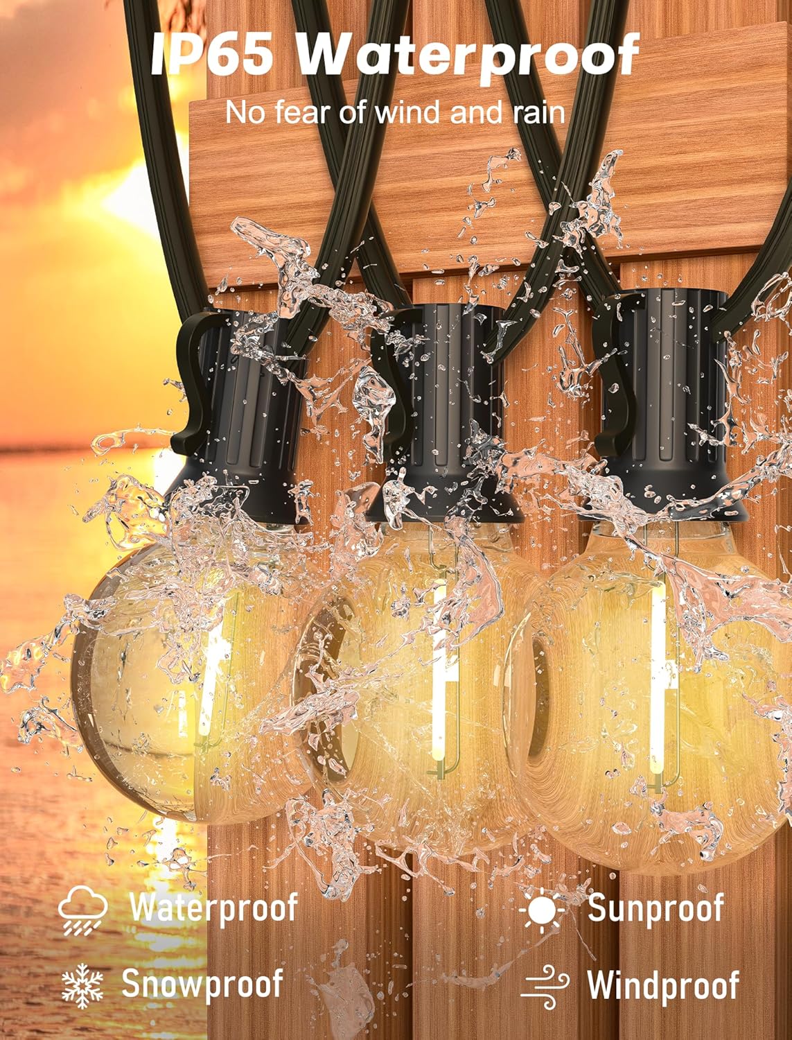 SUNSGNE G40 LED Globe Outdoor String Lights Waterproof Shatterproof, 25FT Outdoor Globe Lights with 25 LED Plastic Clear Light for Café Bistro Porch Pergola Tents Balcony Decor, Black Wire