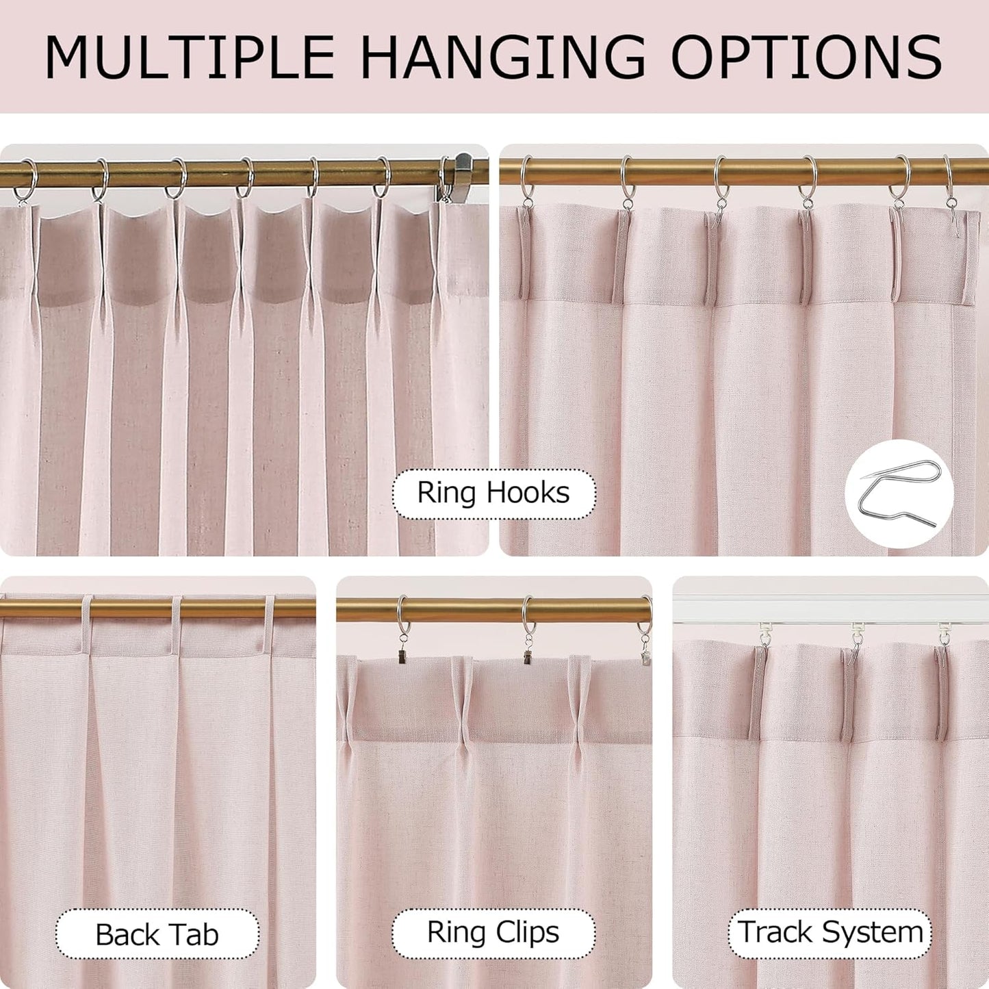 Vision Home Light Pink Pinch Pleated Semi Sheer Curtains Textured Linen Blended Light Filtering Window Curtains 112 inch for Living Room Bedroom Patio Pinch Pleat Drapes with Hooks 1 Panel 60"Wx112"L