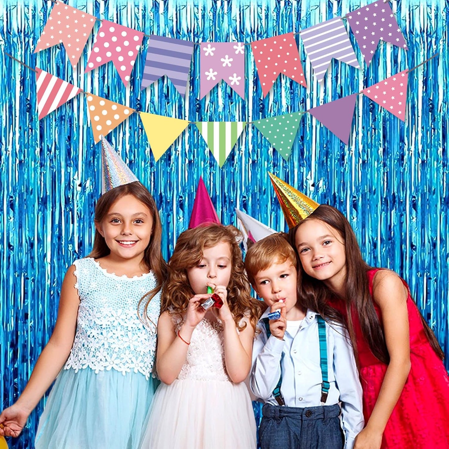 6 Pack Lake Blue Foil Fringe Curtains Backdrop, 3.28 x 8.2 Ft Metallic Streamers Tinsel Curtains Background for Photo Booth, Birthday, Weddings, Carnivals, Graduation, Themed Party Decorations