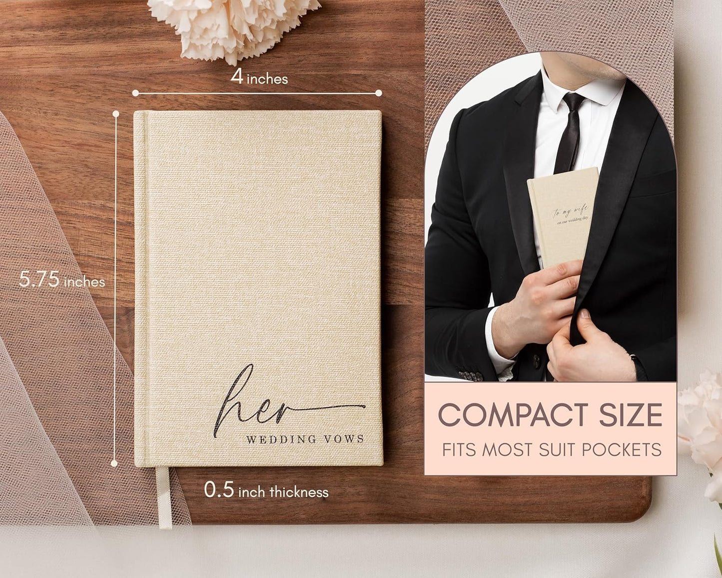 His & Her Wedding Hardcover Vows Books (Set of 2) - 5.75 x 5 Minimalist Pocket Sized Embossed Wedding Ceremony Vow Renewal Speech Notebook Journal