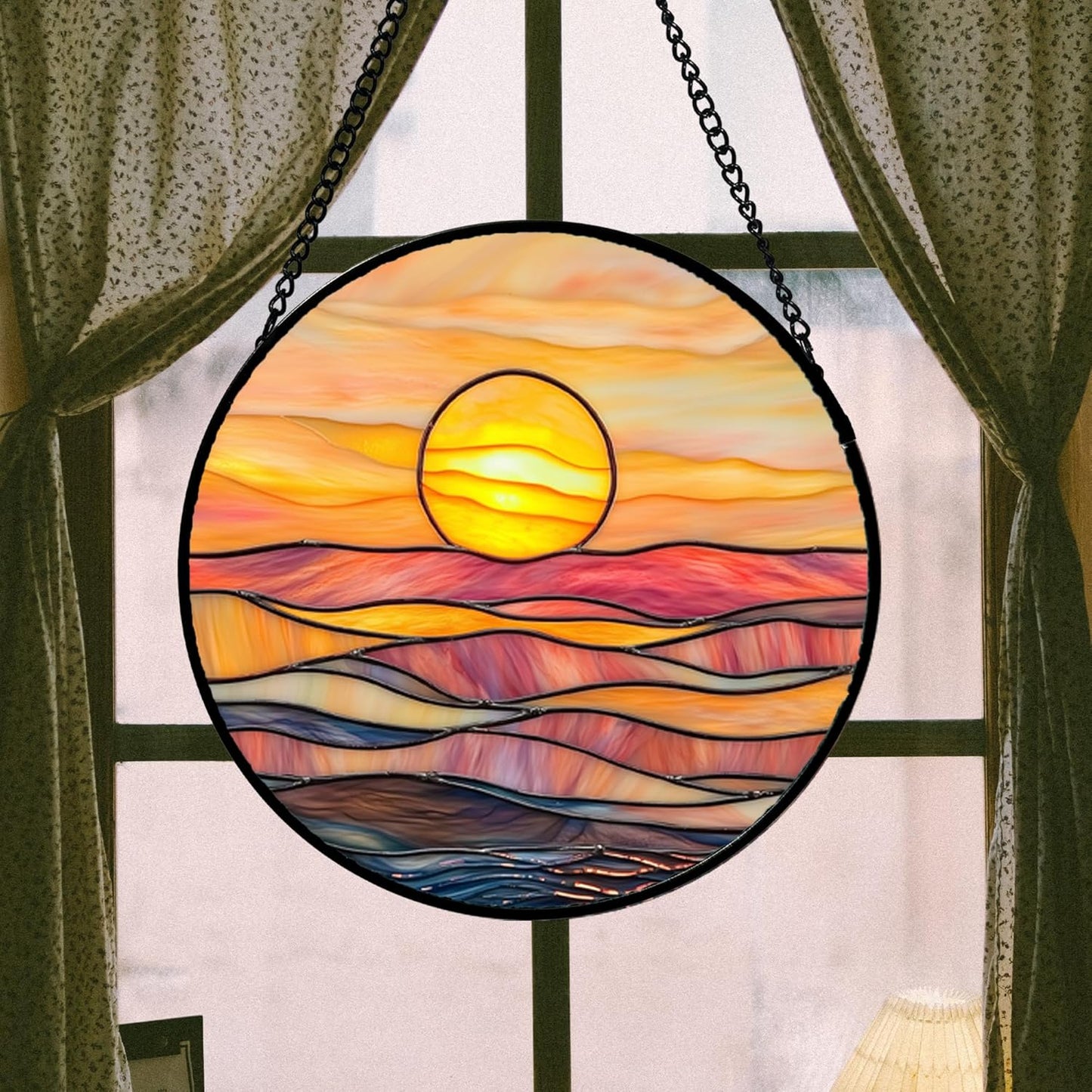 Stained Glass Window Hanging, Orange Sunrise Suncatcher Diamond Glass Panel Hangings Scenery Sun Catchers Decor for Birthday for Women, Men, Wife, Aunt, and Mom 9.8 in