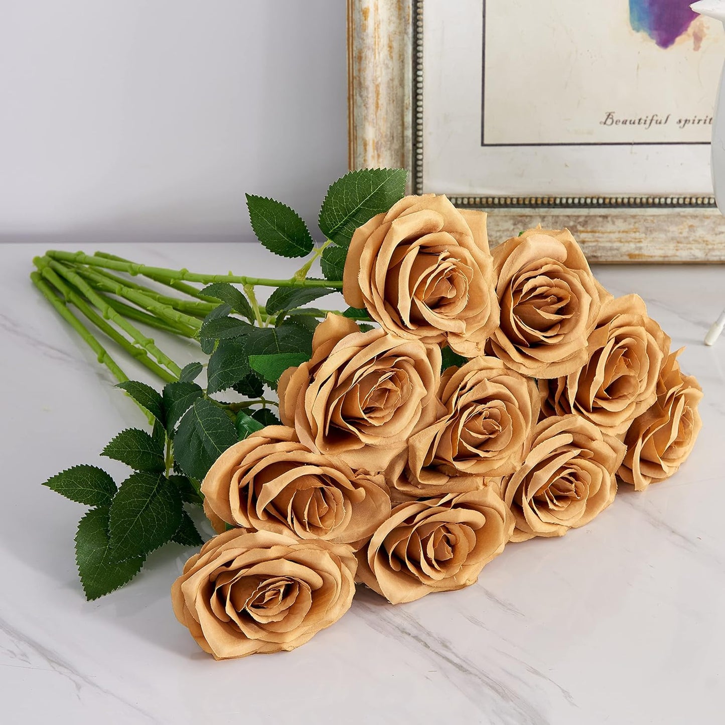 Artificial Rose 10pcs Open Flower Bouquet Faux Rose Stems for Wedding Arrangement, Bridal Bouquet, Centerpiece, Fake Faux Silk Flowers (Toffee)