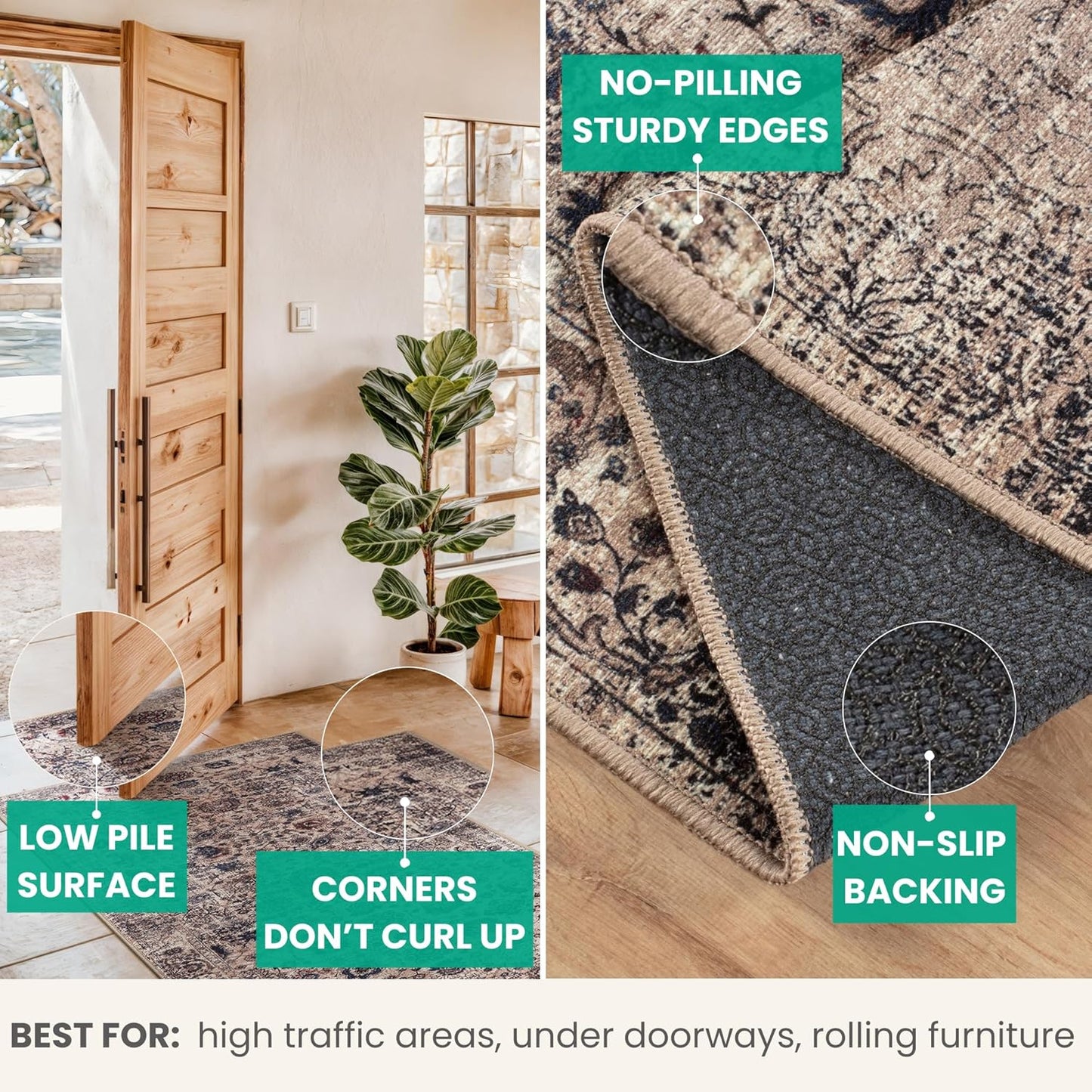 Bloom Rugs Washable Non-Slip 5' x 7' Rug - Light Tan/Blue Traditional Oriental Area Rug for Living Room, Bedroom, Dining Room, and Kitchen - Exact Size: 5' x 7'