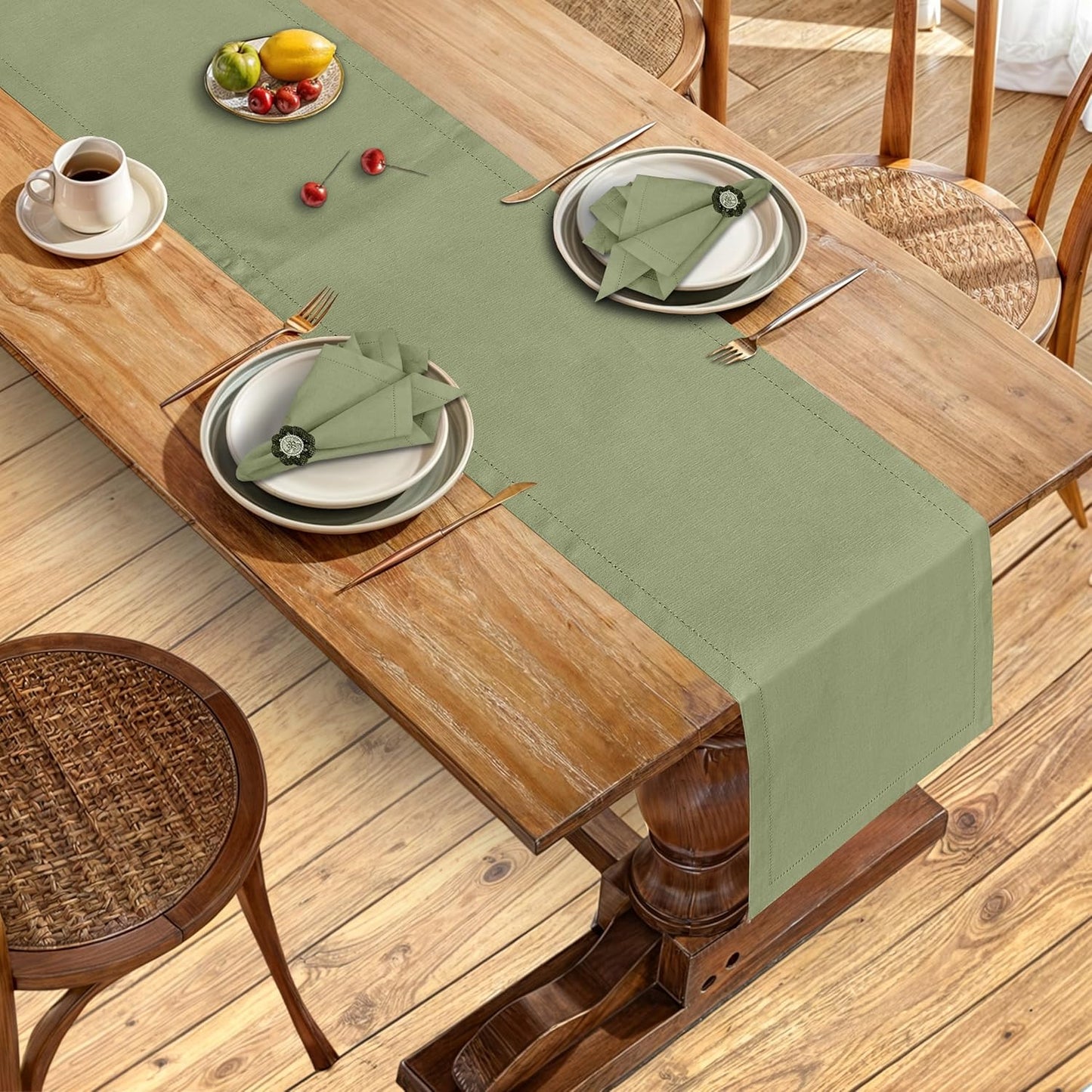 Ruvanti Linen Table Runner 72 Inches, Classic Hemstitch, Washable, Reusable, Non-Slipping, Stain Resistant- Perfect for Parties, Weddings, Dinners, Thanksgiving, Christmas, Indoor use – Olive