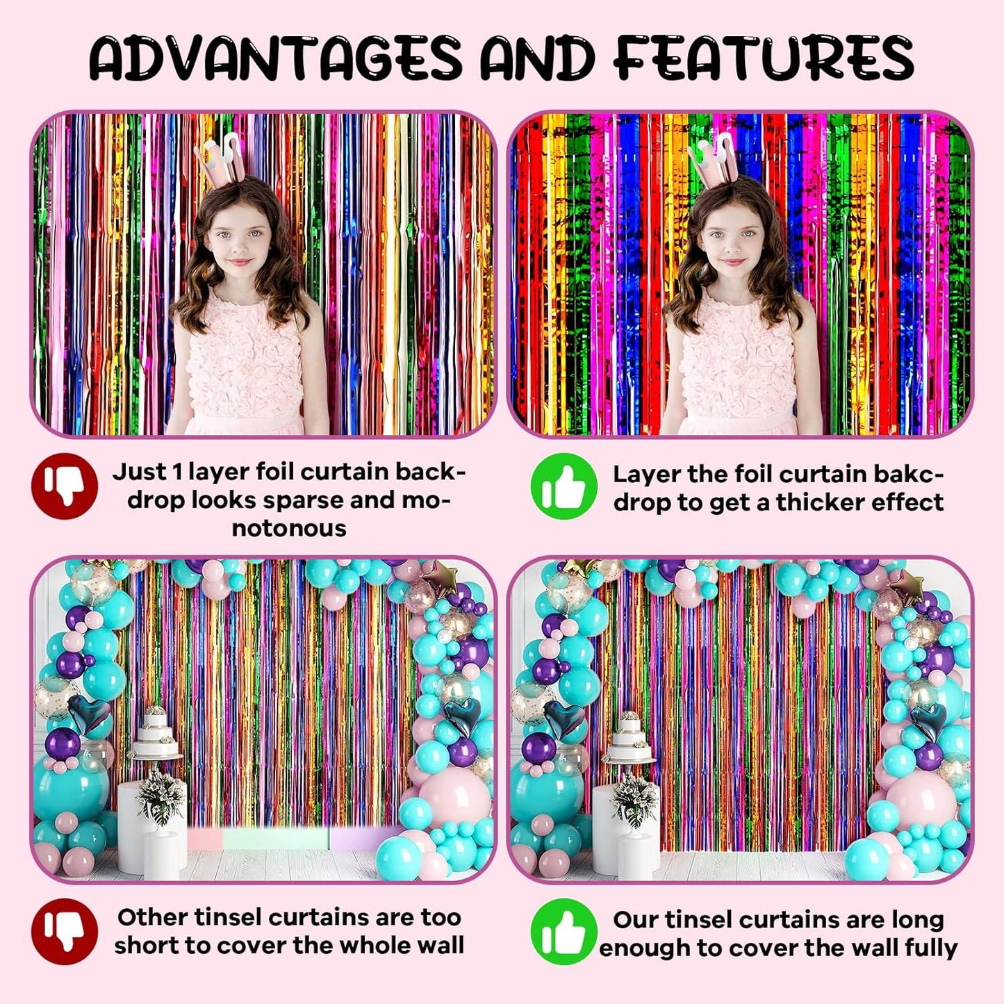 2 Pack 3.3x8.2 Feet Rainbow Foil Fringe Backdrop Curtains, Tinsel Streamers Birthday Party Decorations, Fringe Backdrop for Graduation, Baby Shower, Gender Reveal, Disco Party