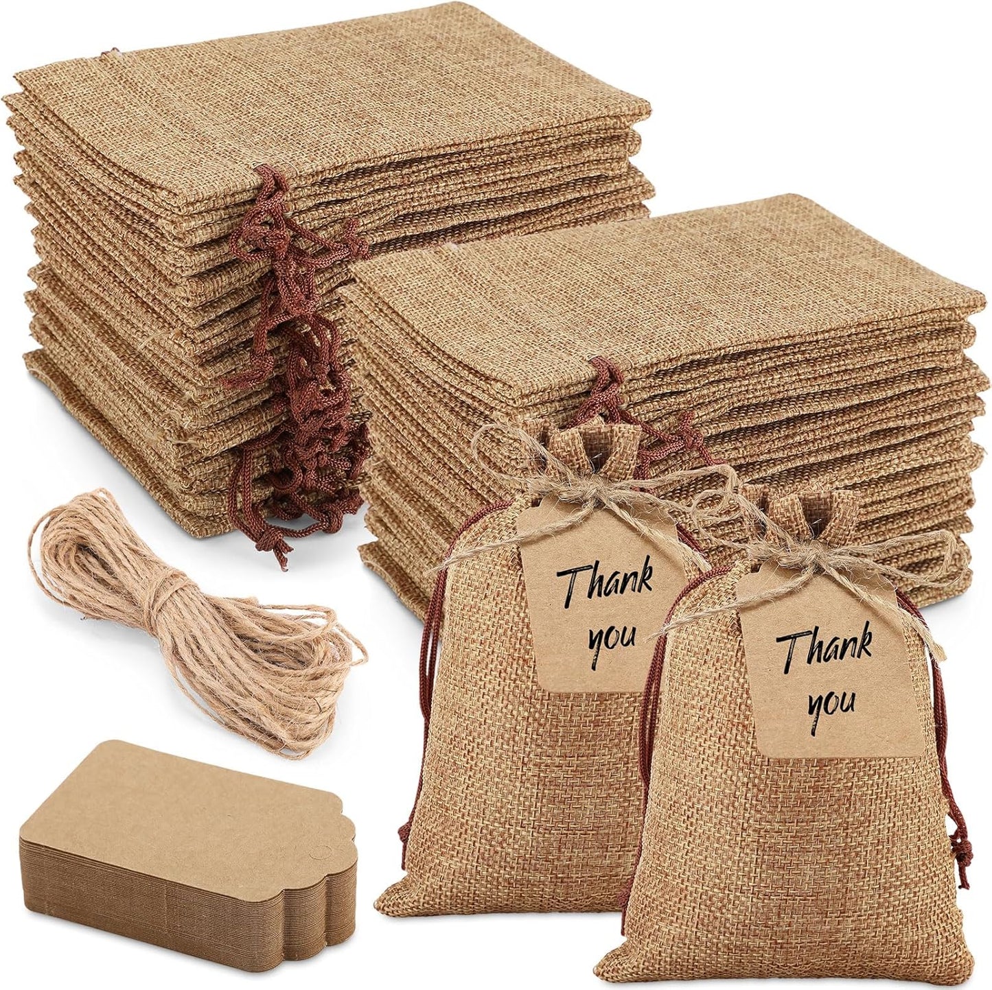 Woanger 100 Pcs Burlap Gift Bags with 100 Pcs Kraft Paper Gift Tags with Drawstring Favor Bulk Burlap Sack Bags for DIY Wedding Party Craft(3 x 4 Inch,Dark Brown)