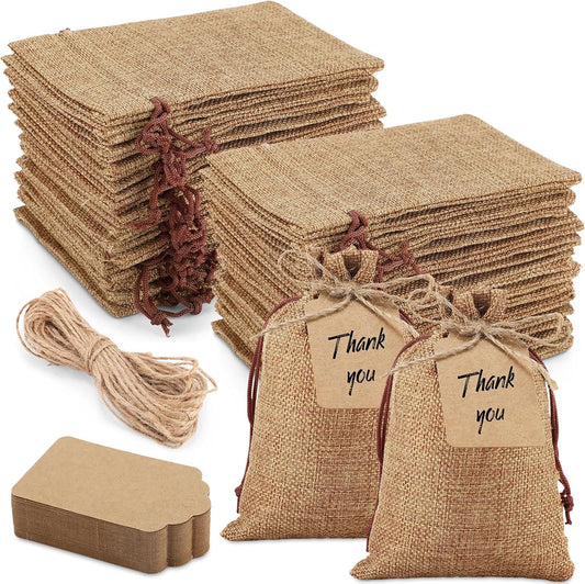 Woanger 100 Pcs Burlap Gift Bags with 100 Pcs Kraft Paper Gift Tags with Drawstring Favor Bulk Burlap Sack Bags for DIY Wedding Party Craft(4 x 6 Inch,Dark Brown)