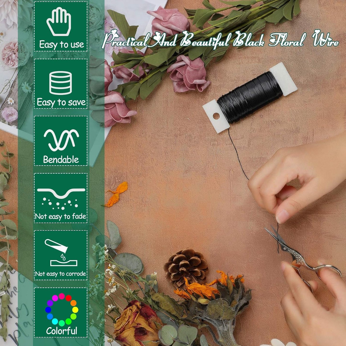 Hotop Floral Wire 38 Yards 114 Ft Florist Paddle Wire 22 Gauge Flexible Paddle for DIY Crafting Wreath, Floral Arrangement, Bouquet Stem Wrapping, Christmas Wreaths Tree, Wedding Bouquets(Black)